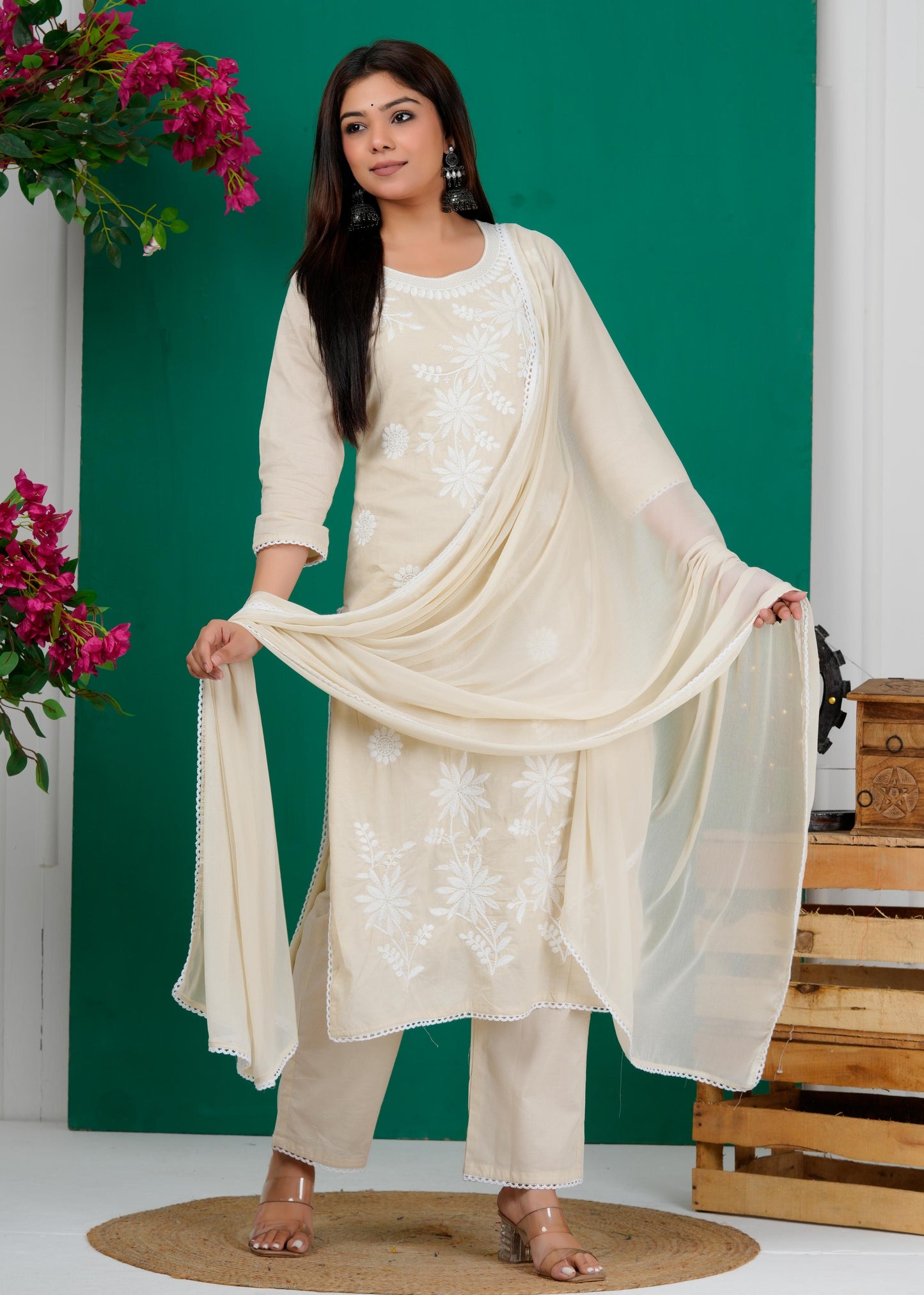 Cotton Floral Embroidered Straight Kurta Set With Dupatta