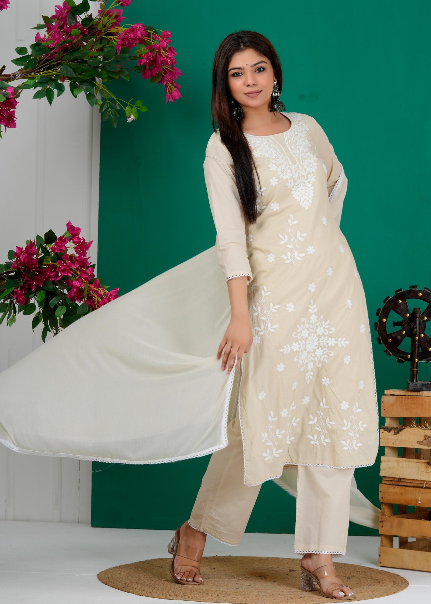 Cotton Floral Embroidered Straight Kurta Set With Dupatta