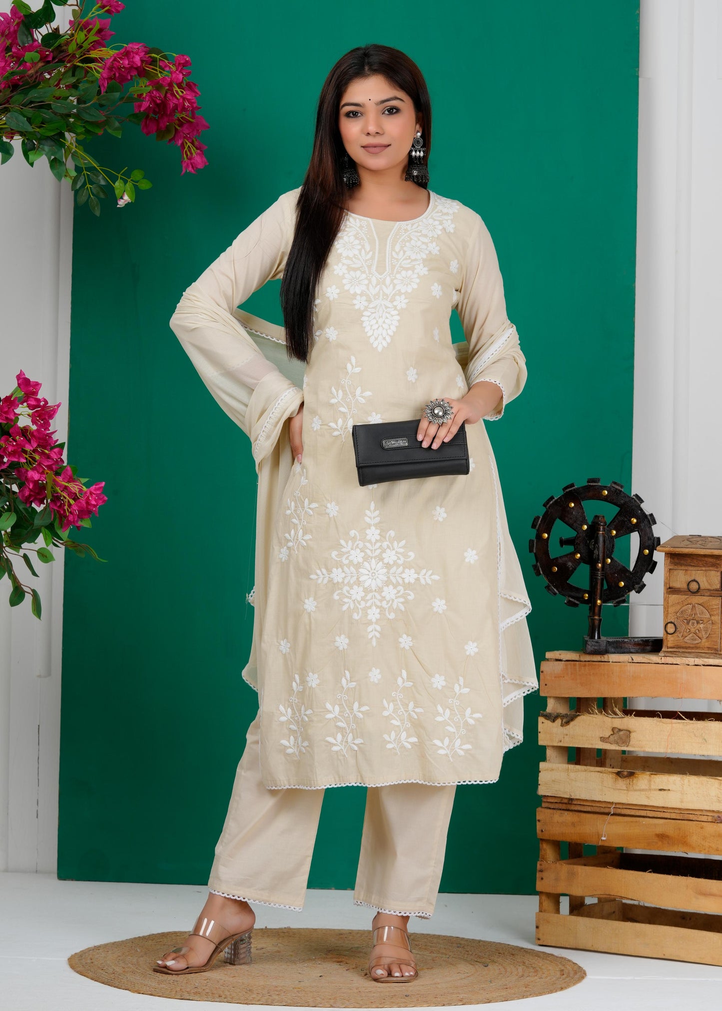 Cotton Floral Embroidered Straight Kurta Set With Dupatta