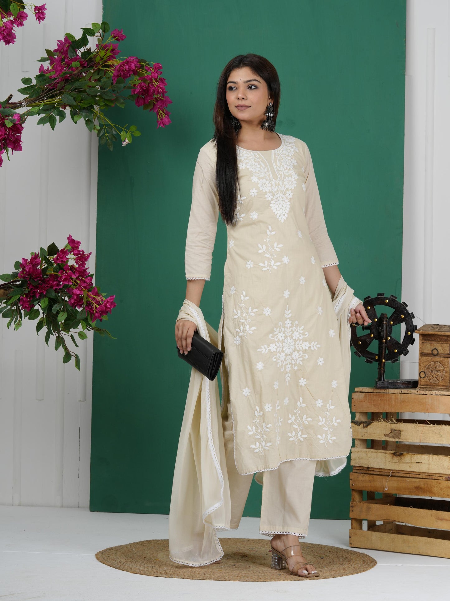 Cotton Floral Embroidered Straight Kurta Set With Dupatta