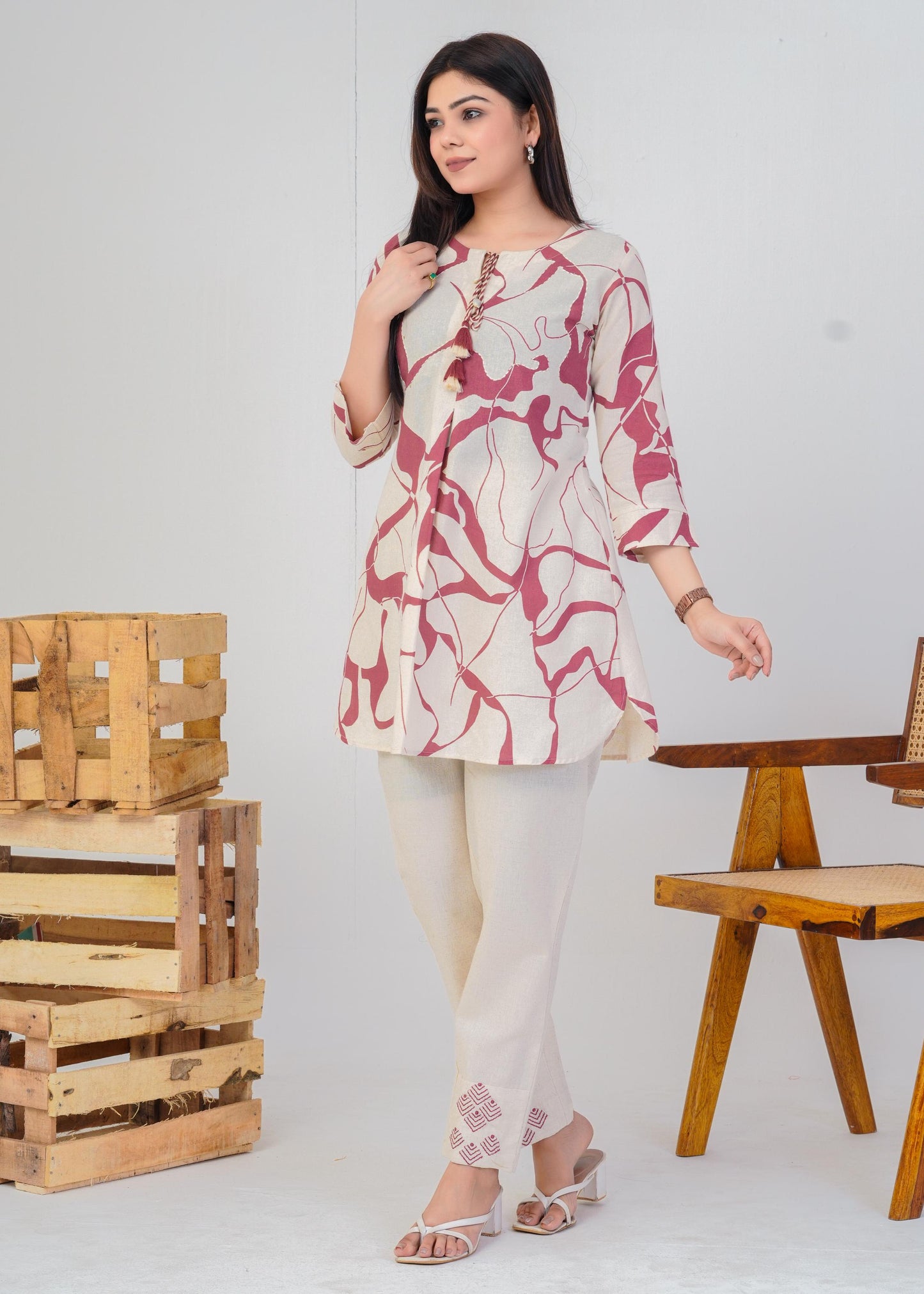 Women's Round Neck, Printed Peach Co-Ord Set, Night Suit Set