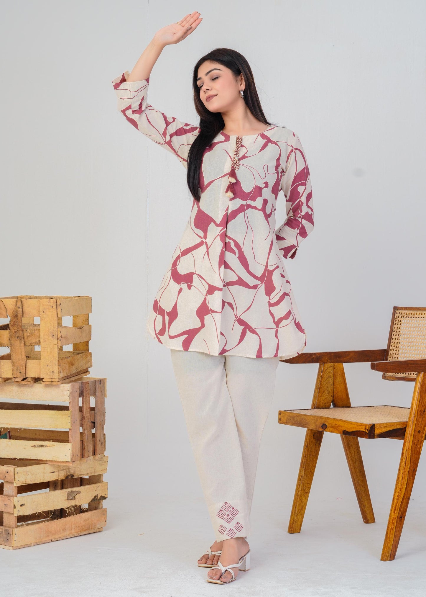 Women's Round Neck, Printed Peach Co-Ord Set, Night Suit Set