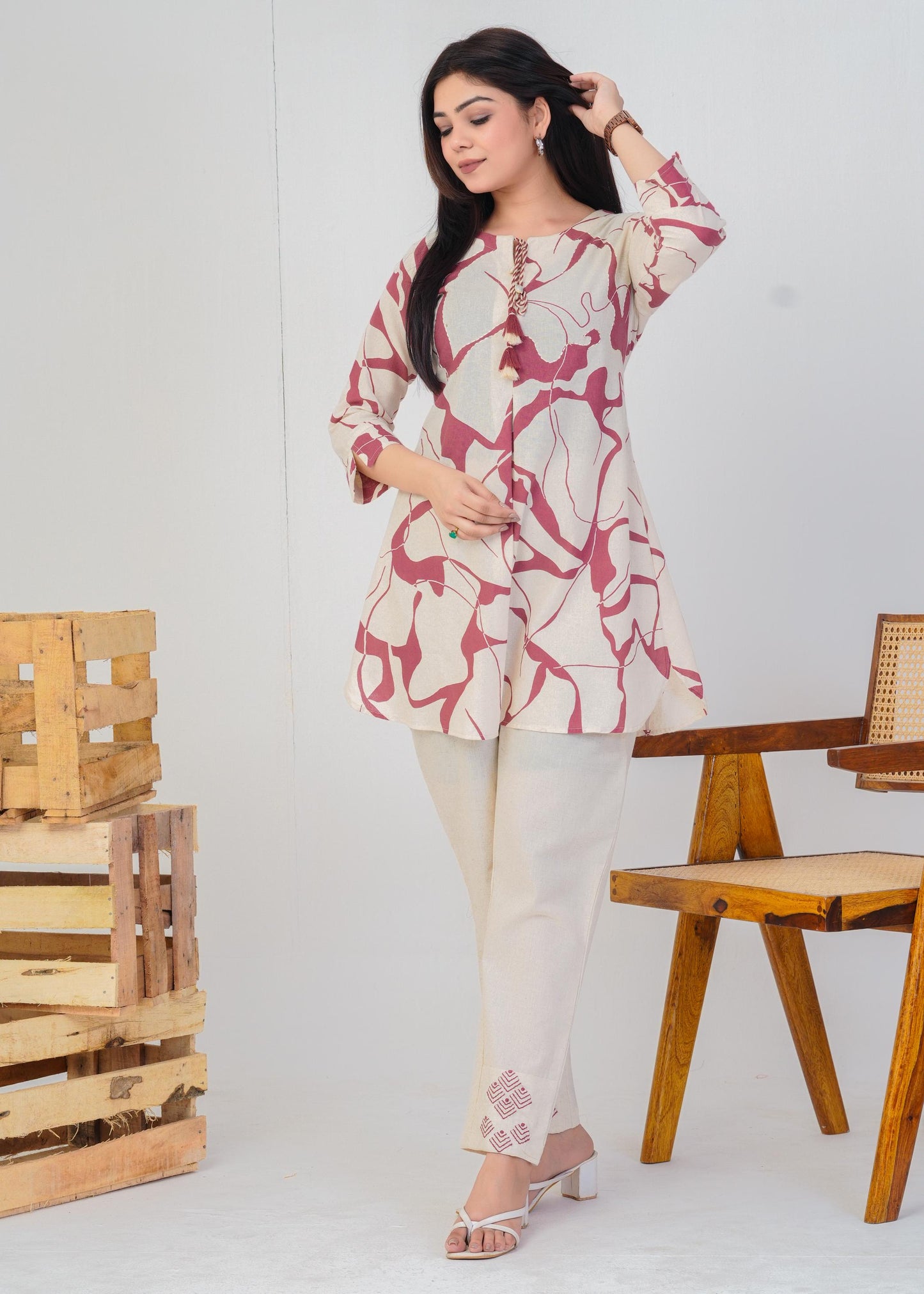 Women's Round Neck, Printed Peach Co-Ord Set, Night Suit Set