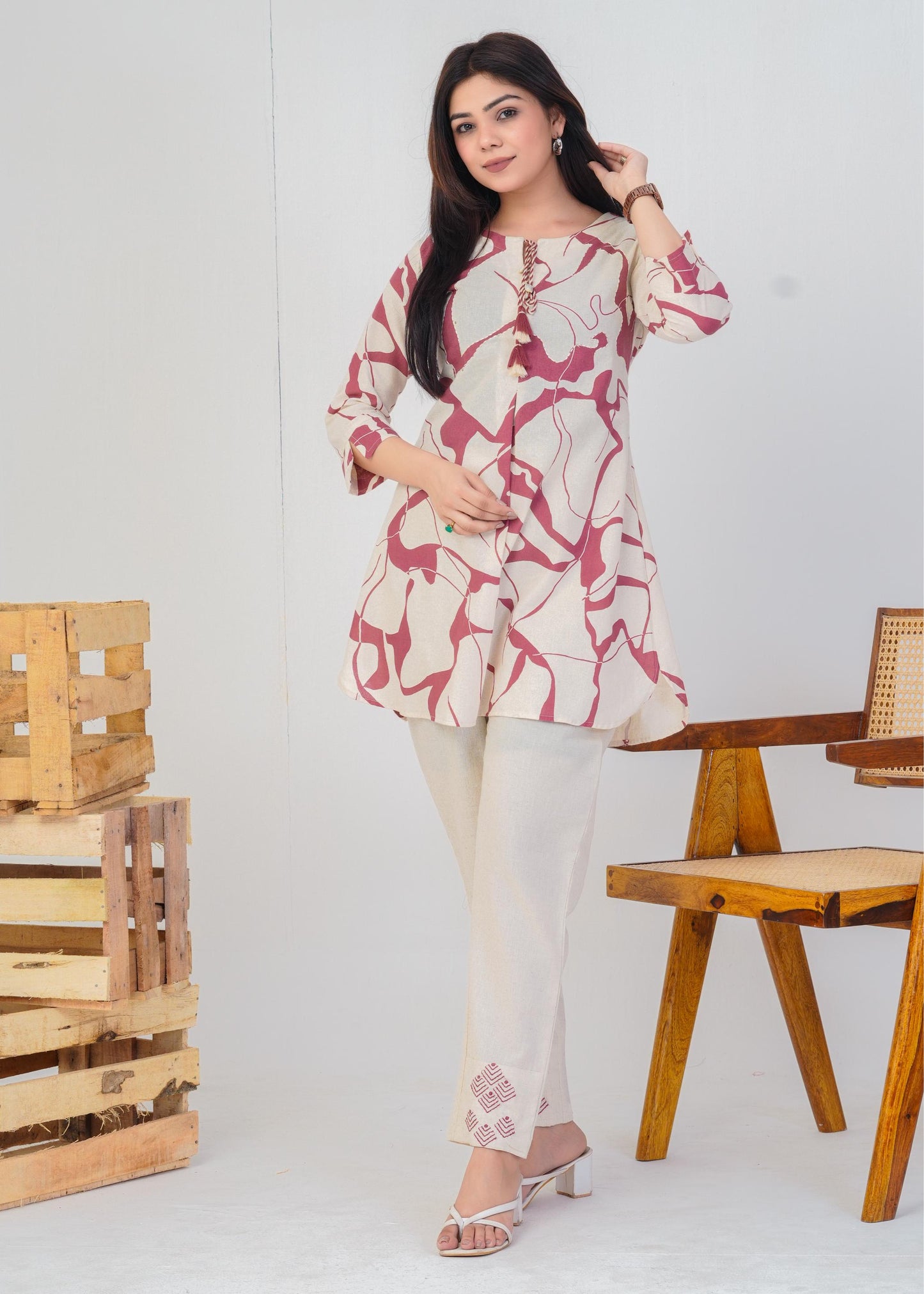 Women's Round Neck, Printed Peach Co-Ord Set, Night Suit Set