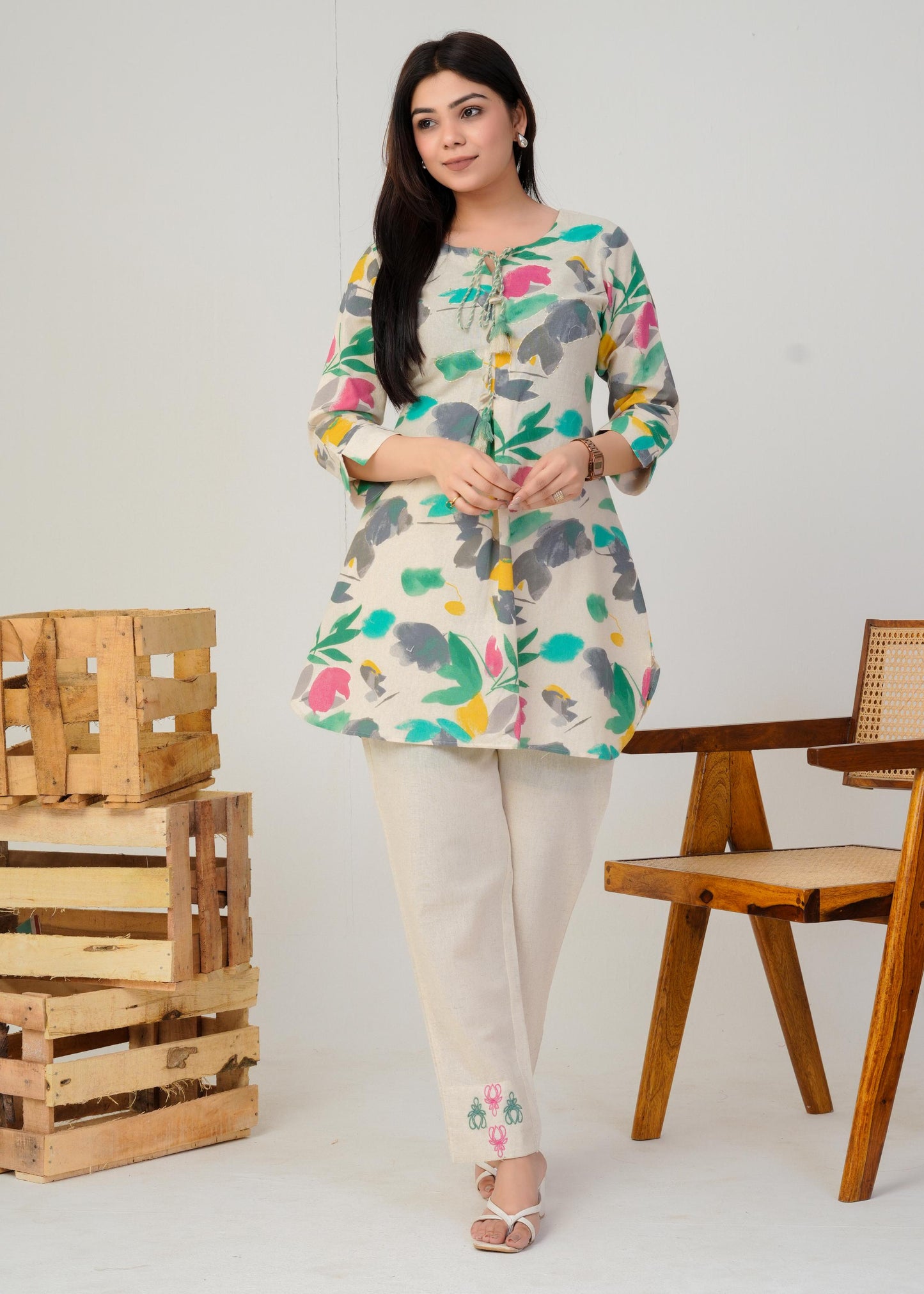 Women's Round Neck, Printed Green Co-Ord Set, Night Suit Set