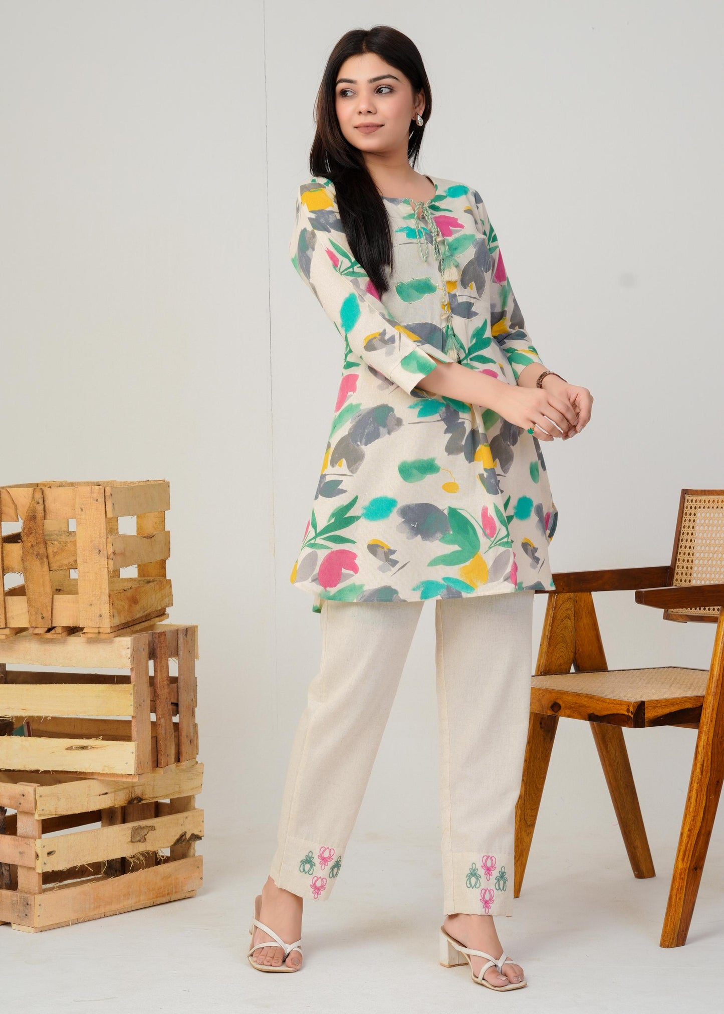 Women's Round Neck, Printed Green Co-Ord Set, Night Suit Set