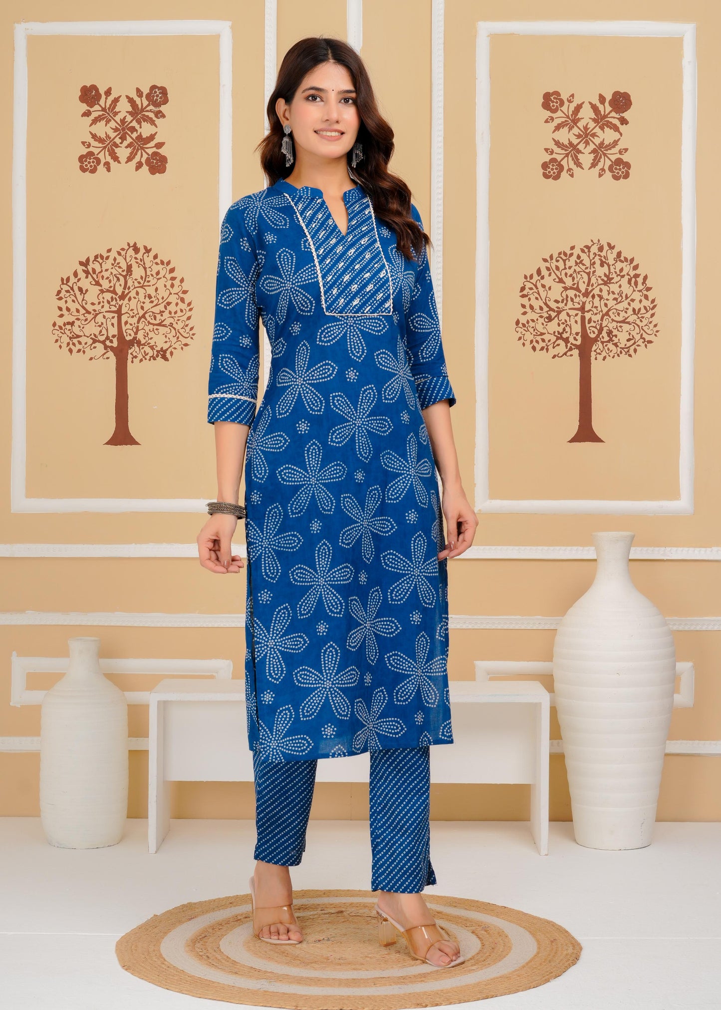 Cotton Printed Straight Blue Kurta Set With Dupatta