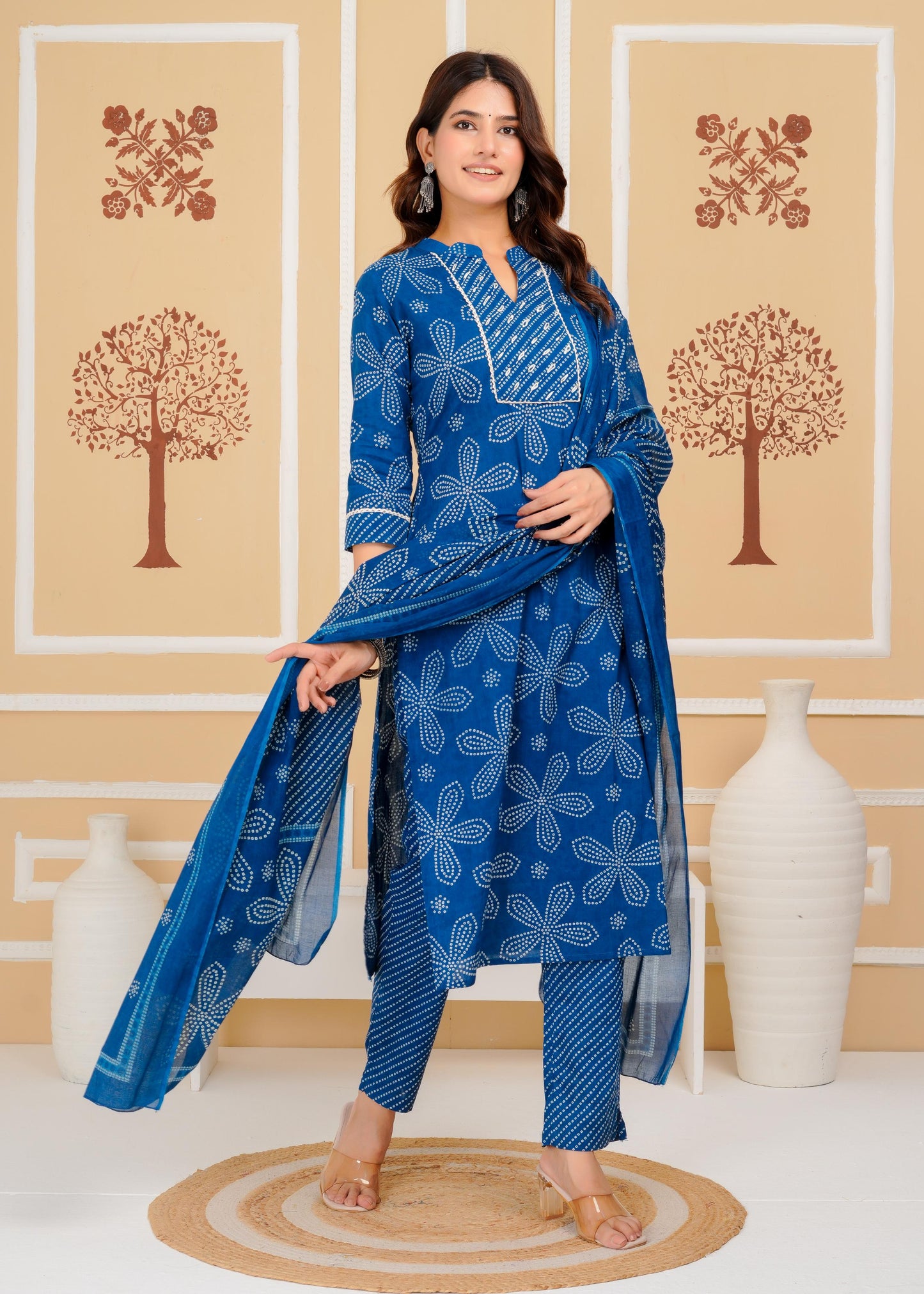 Cotton Printed Straight Blue Kurta Set With Dupatta
