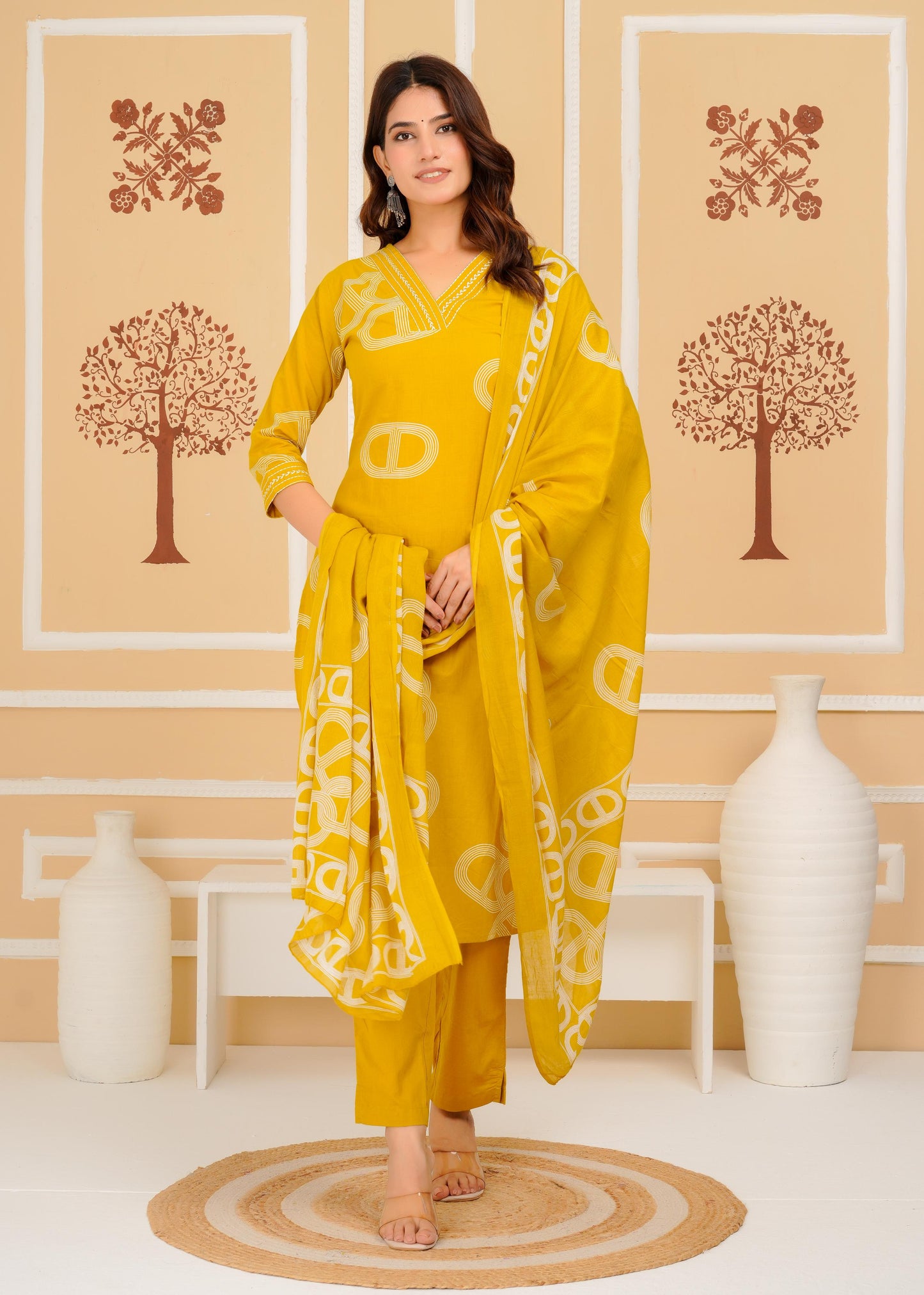 Cotton Printed Straight Mustard Kurta Set With Dupatta