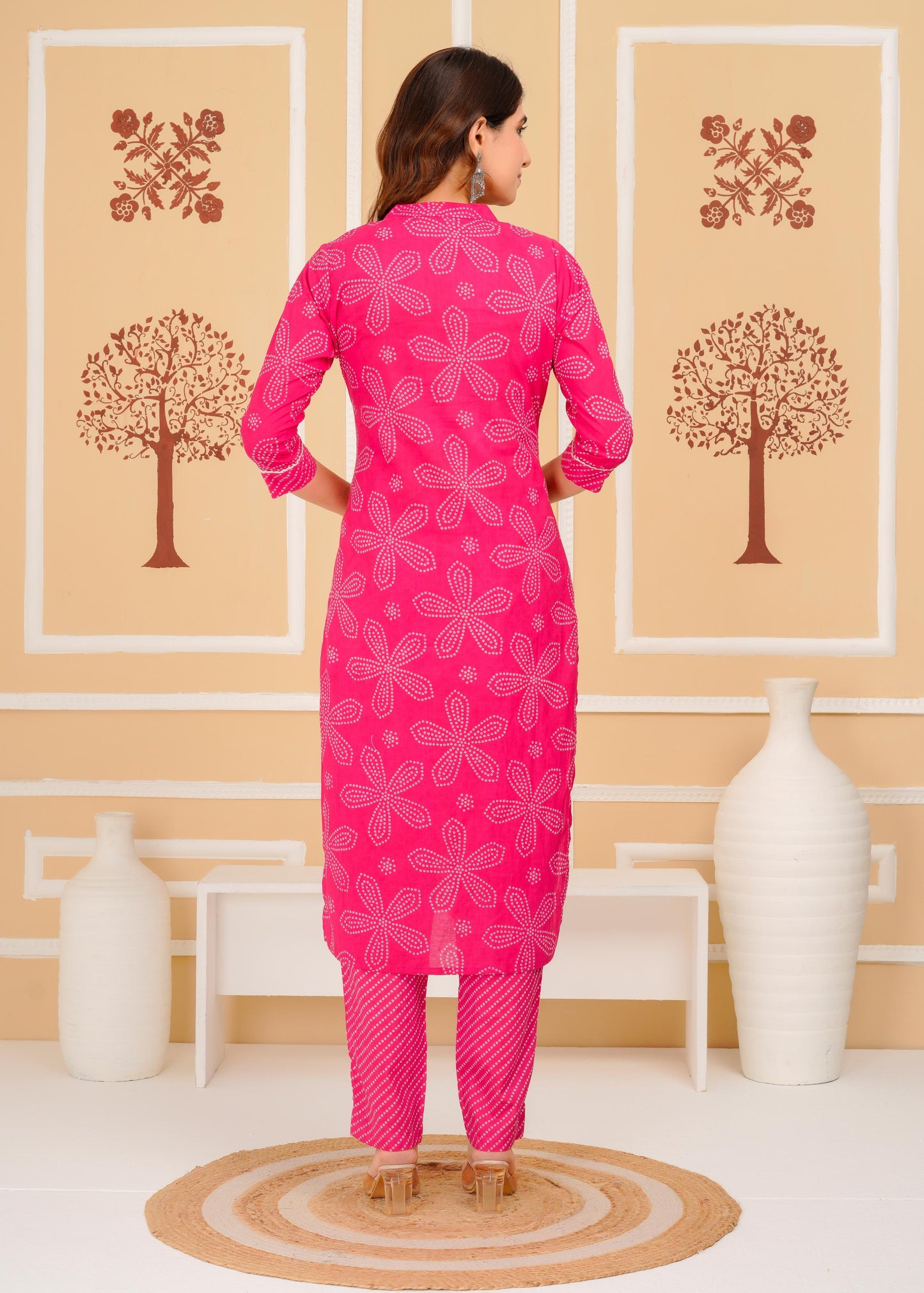 Cotton Printed Straight Pink Kurta Set With Dupatta