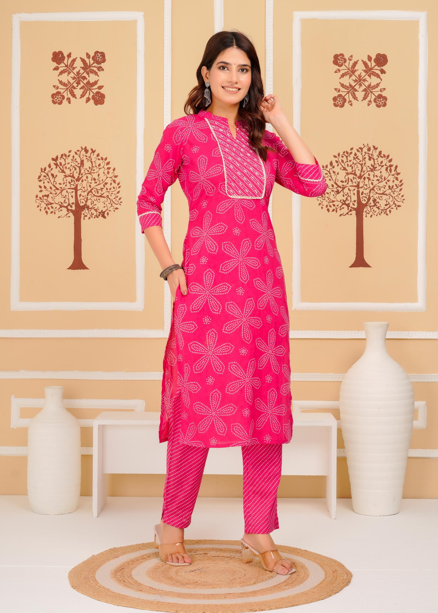 Cotton Printed Straight Pink Kurta Set With Dupatta