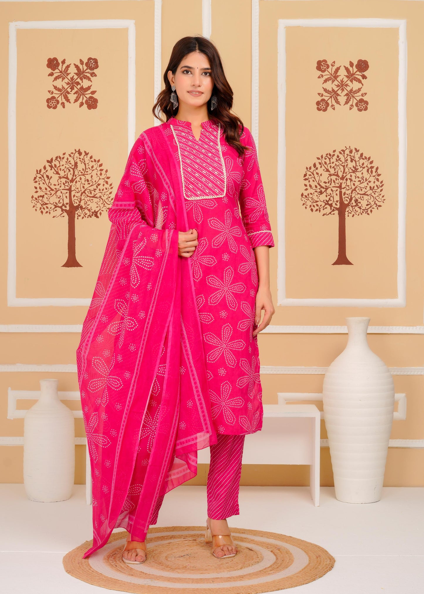Cotton Printed Straight Pink Kurta Set With Dupatta