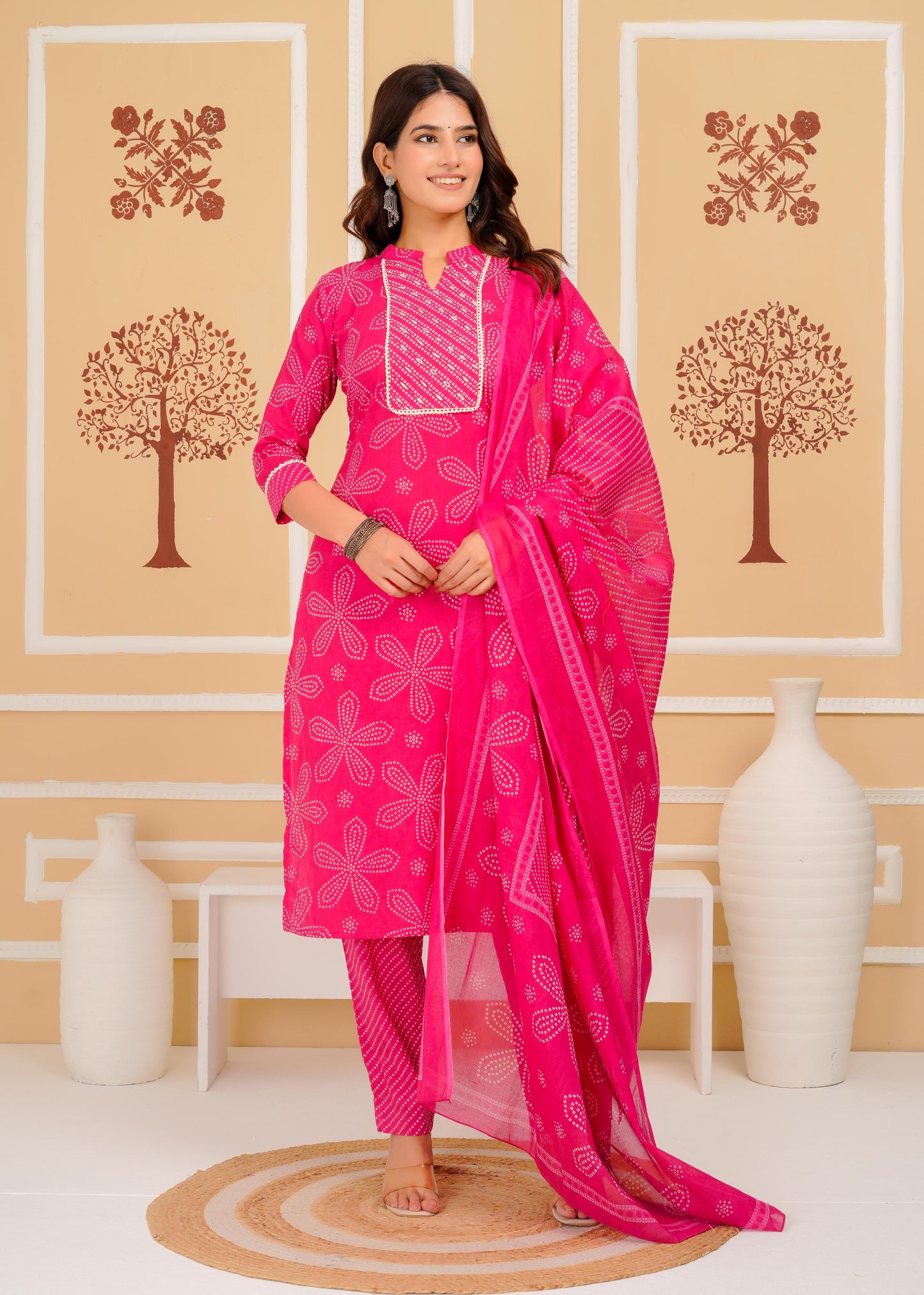 Cotton Printed Straight Pink Kurta Set With Dupatta