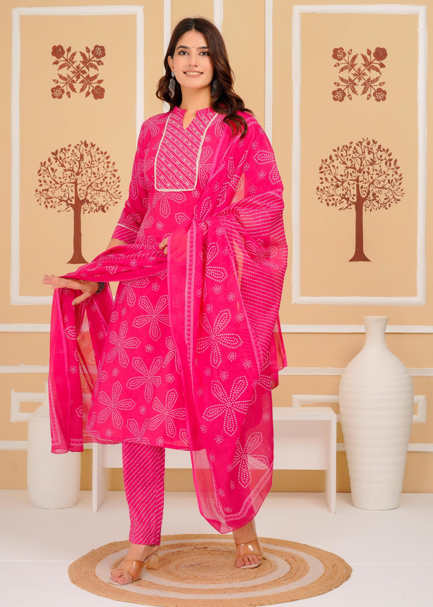 Cotton Printed Straight Pink Kurta Set With Dupatta