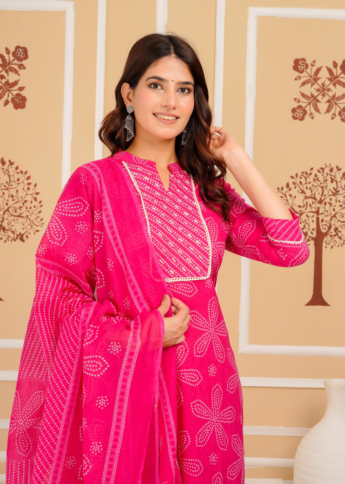 Cotton Printed Straight Pink Kurta Set With Dupatta