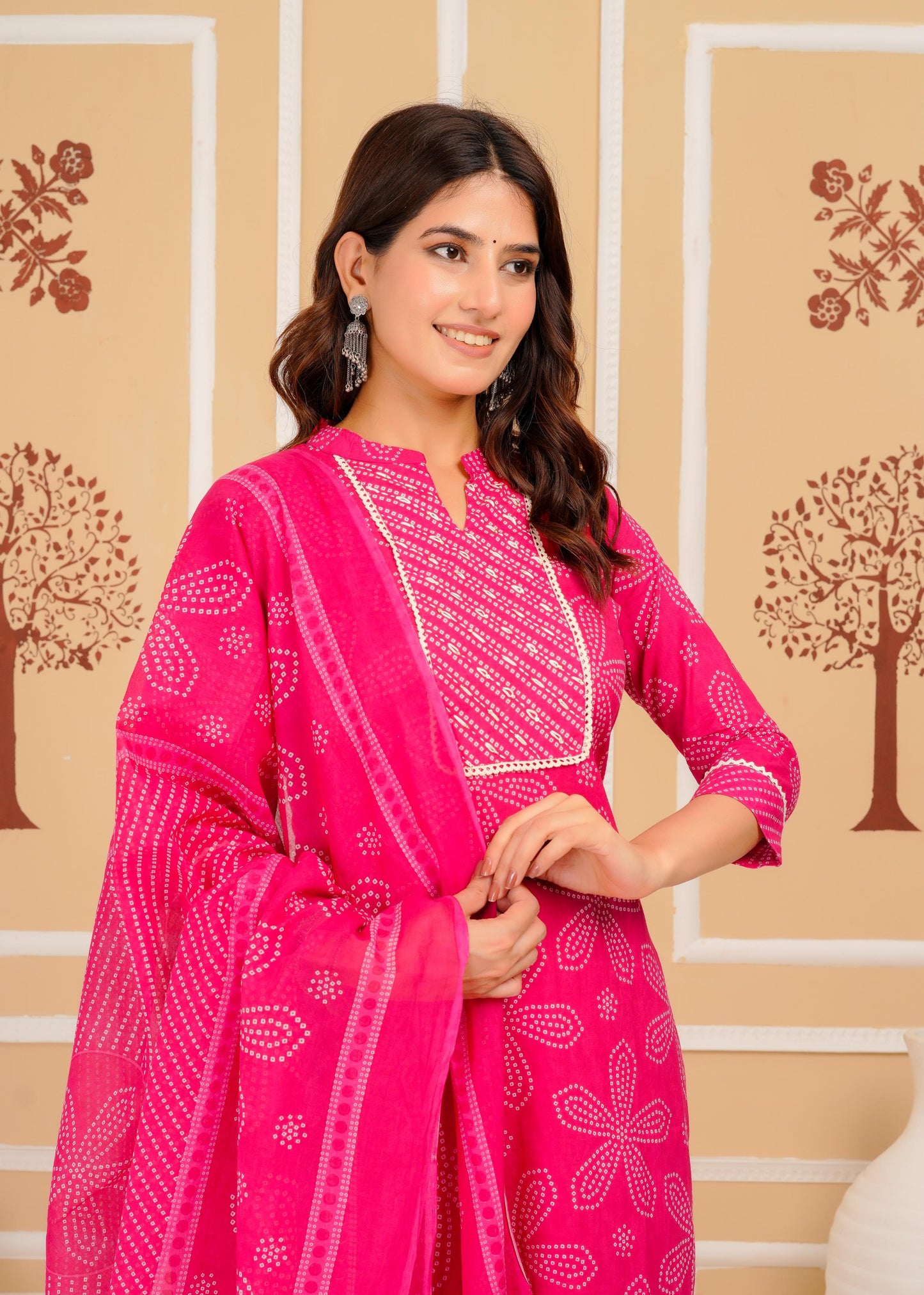 Cotton Printed Straight Pink Kurta Set With Dupatta