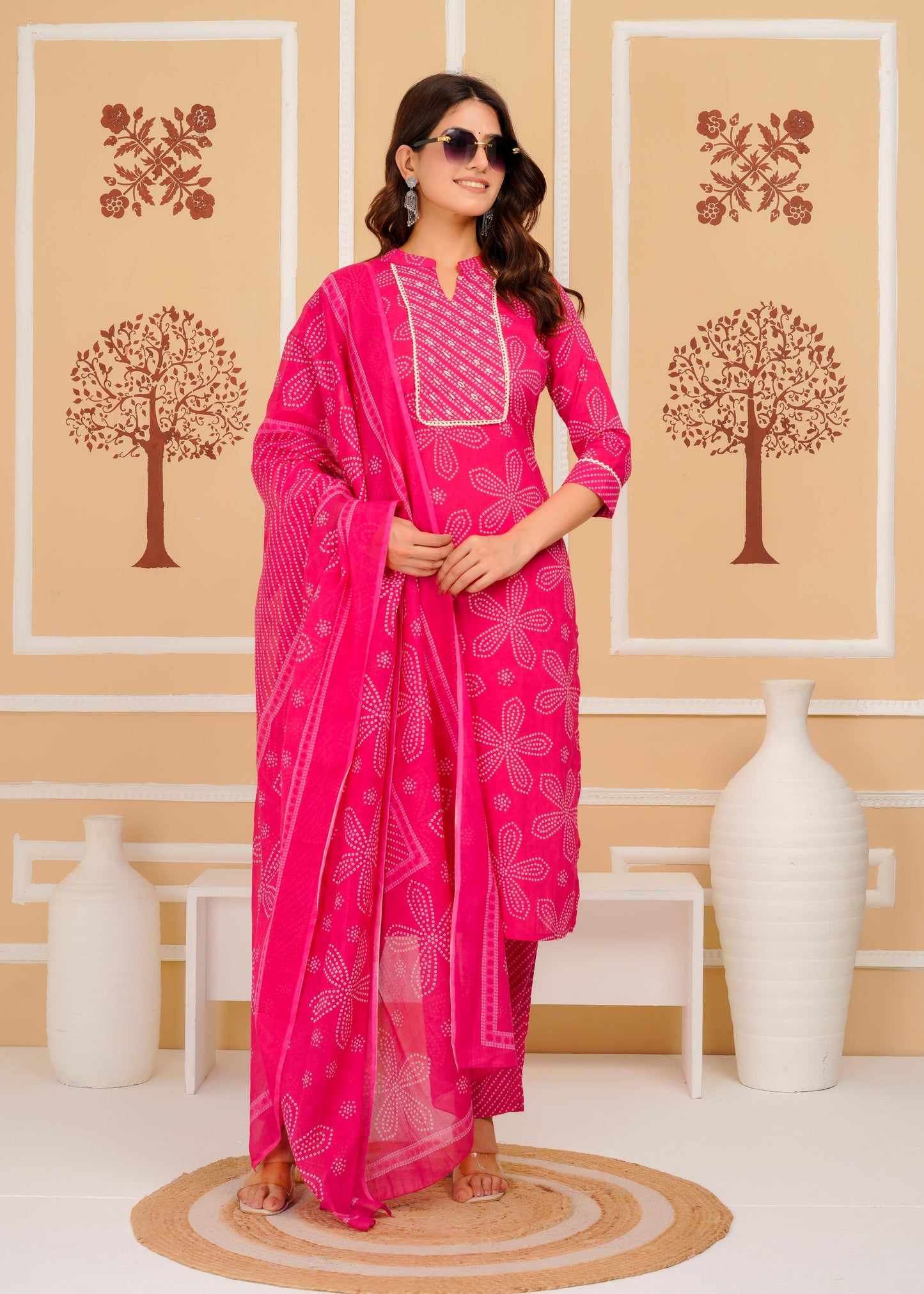 Cotton Printed Straight Pink Kurta Set With Dupatta