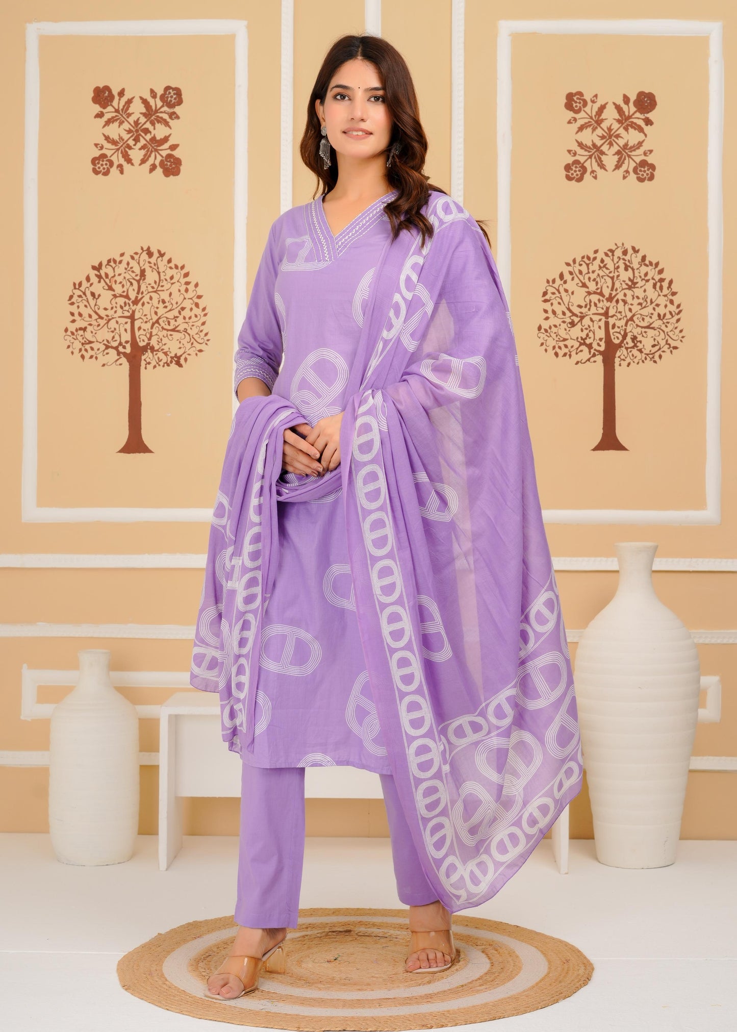 Cotton Printed Straight Purple Kurta Set With Dupatta