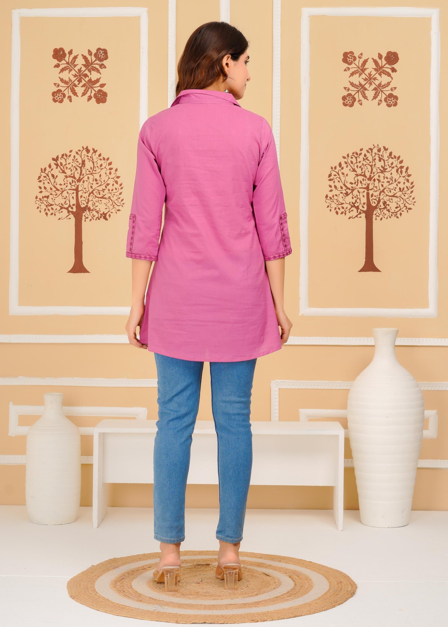 Cotton Embroidered Regular Pink Top