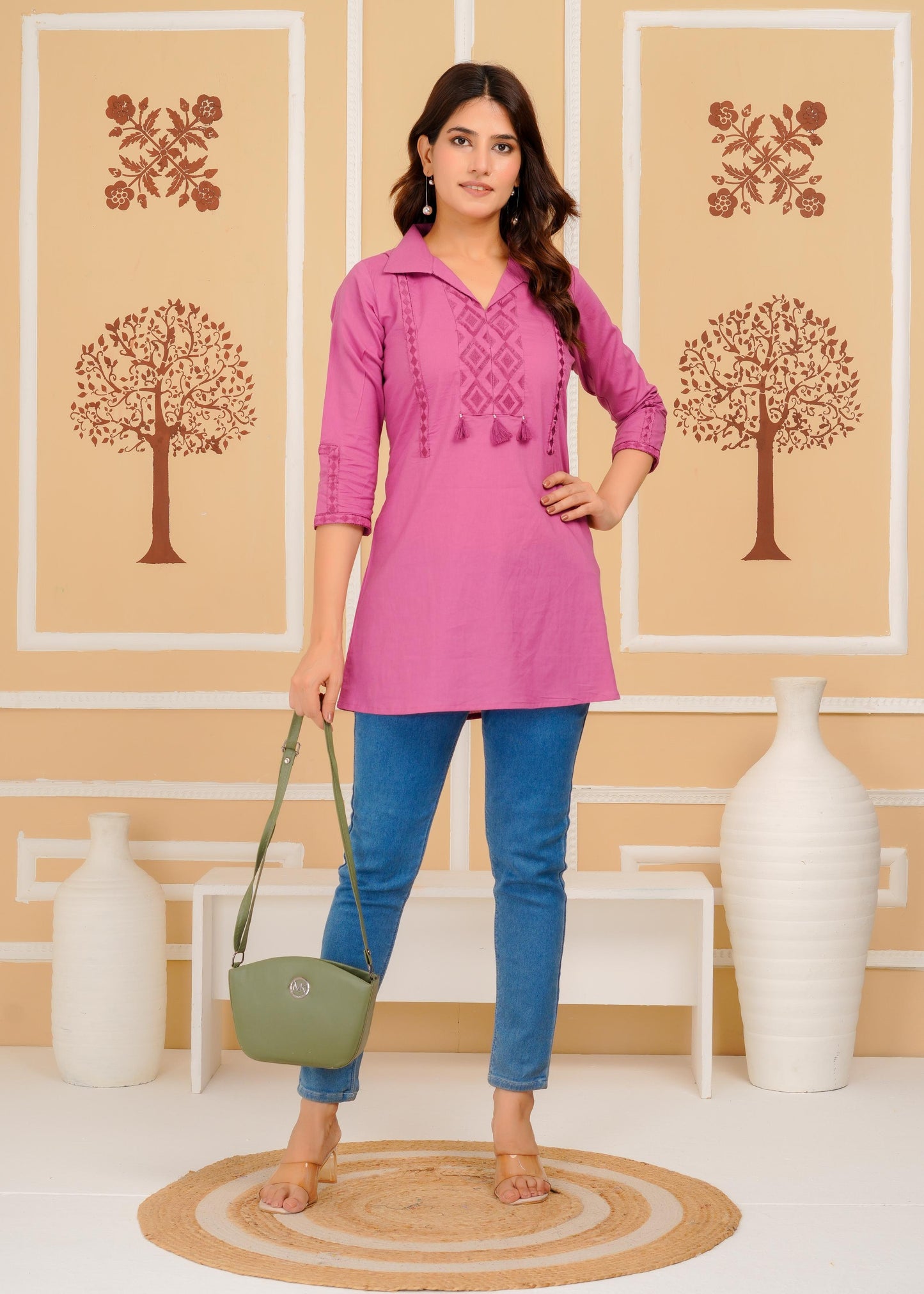 Cotton Embroidered Regular Pink Top