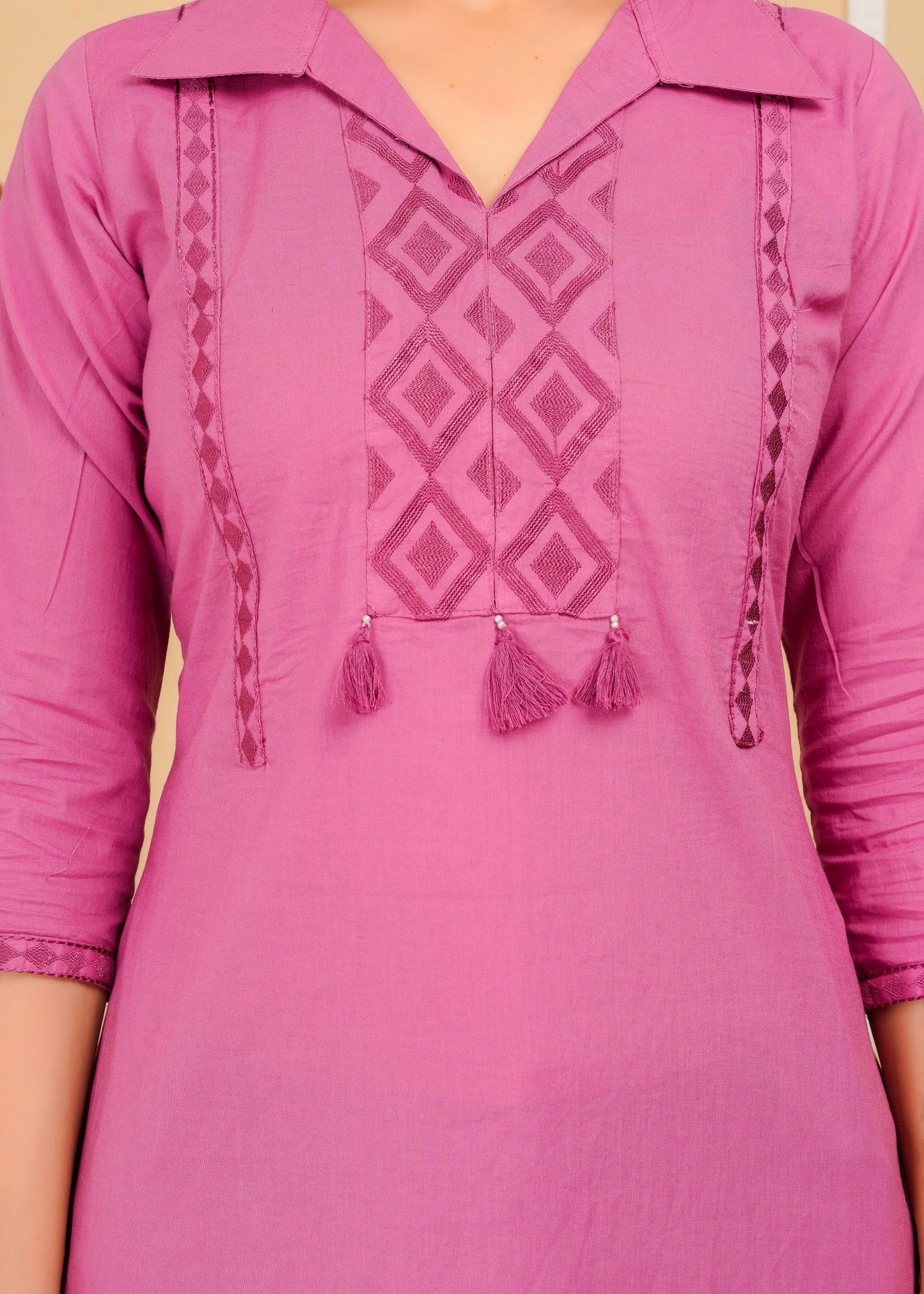 Cotton Embroidered Regular Pink Top