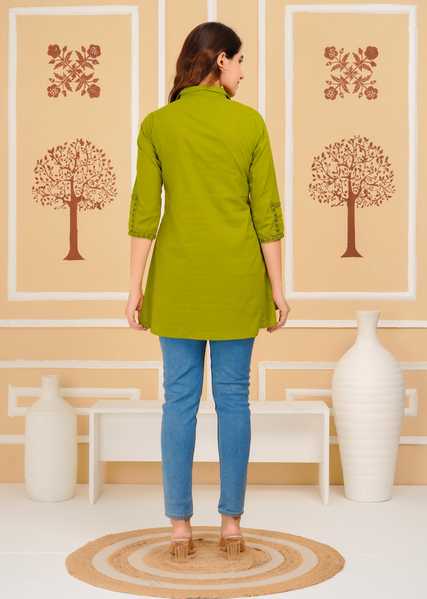 Cotton Embroidered Regular Green Top