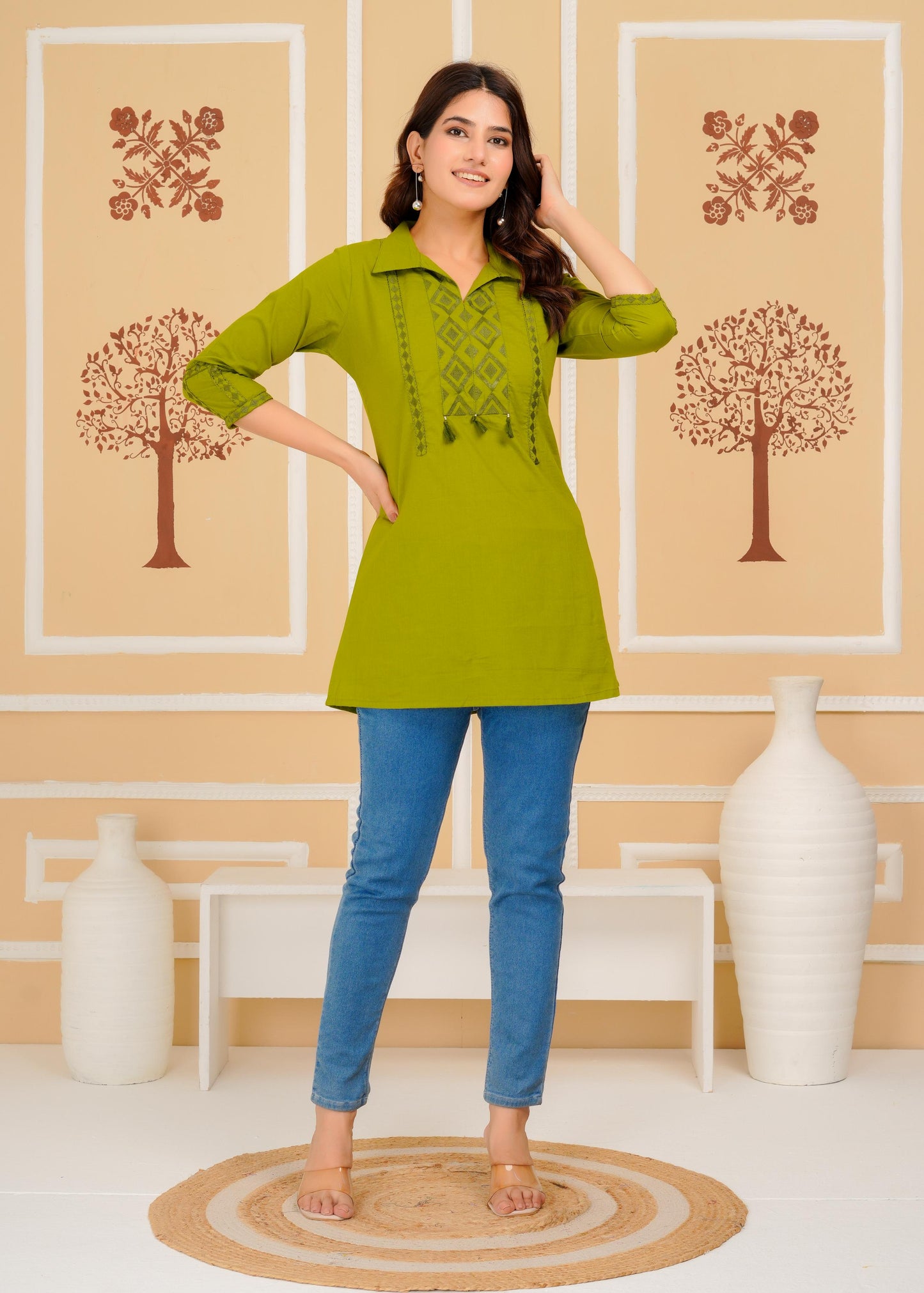 Cotton Embroidered Regular Green Top