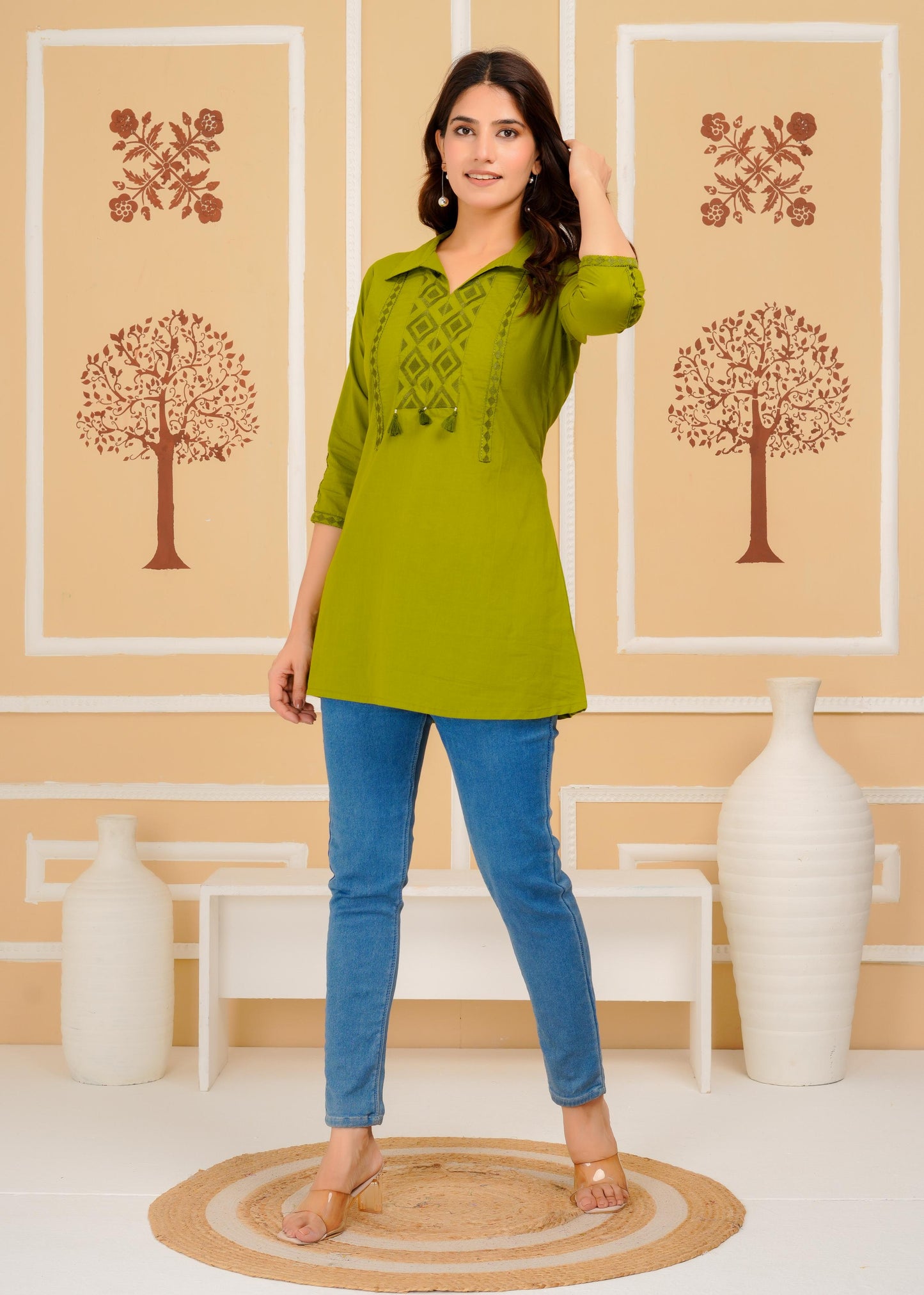 Cotton Embroidered Regular Green Top