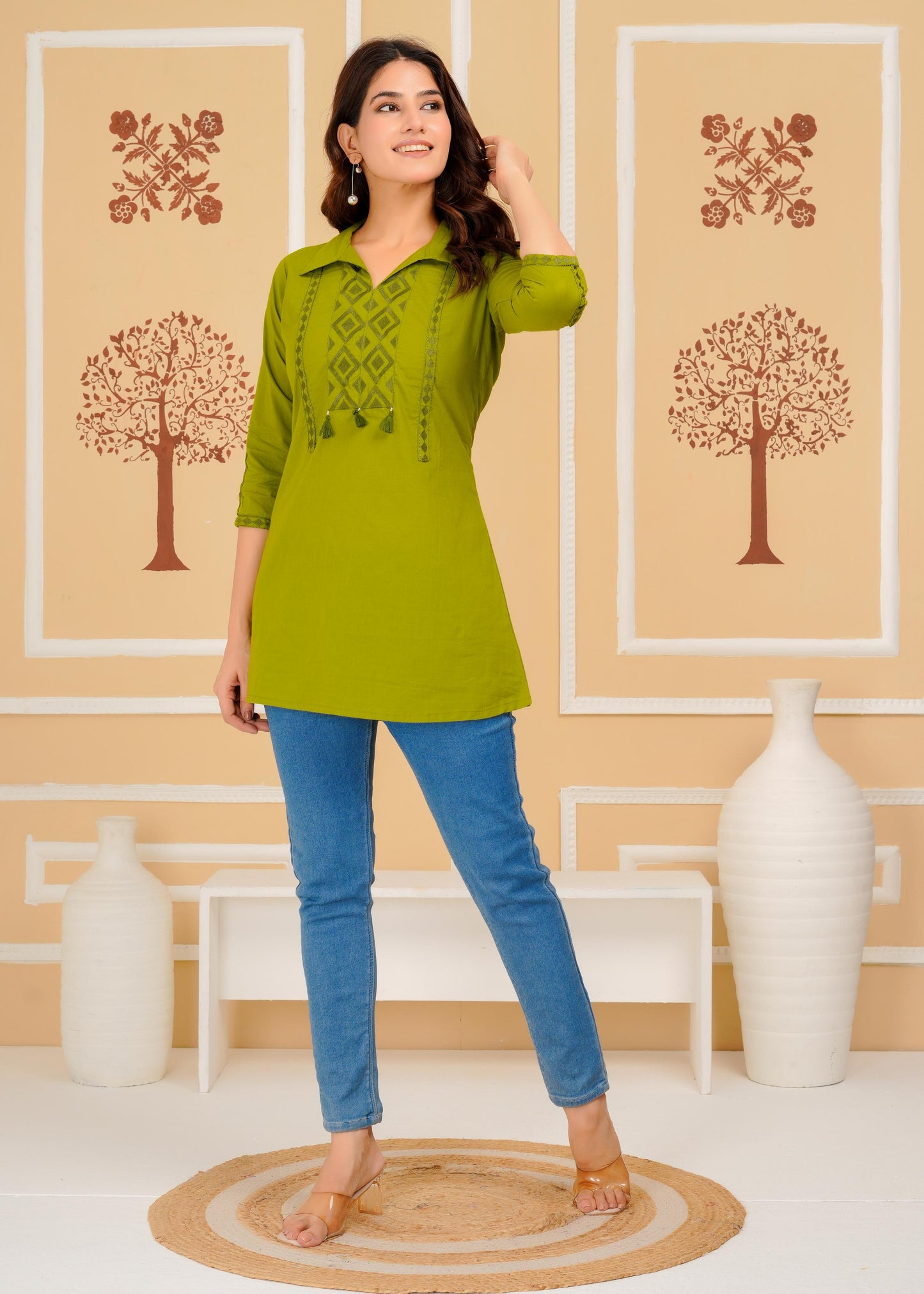 Cotton Embroidered Regular Green Top