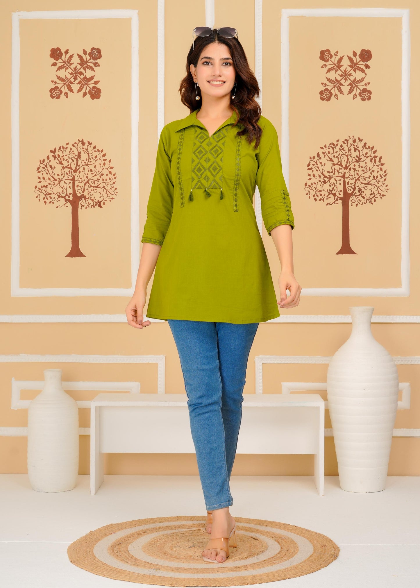 Cotton Embroidered Regular Green Top
