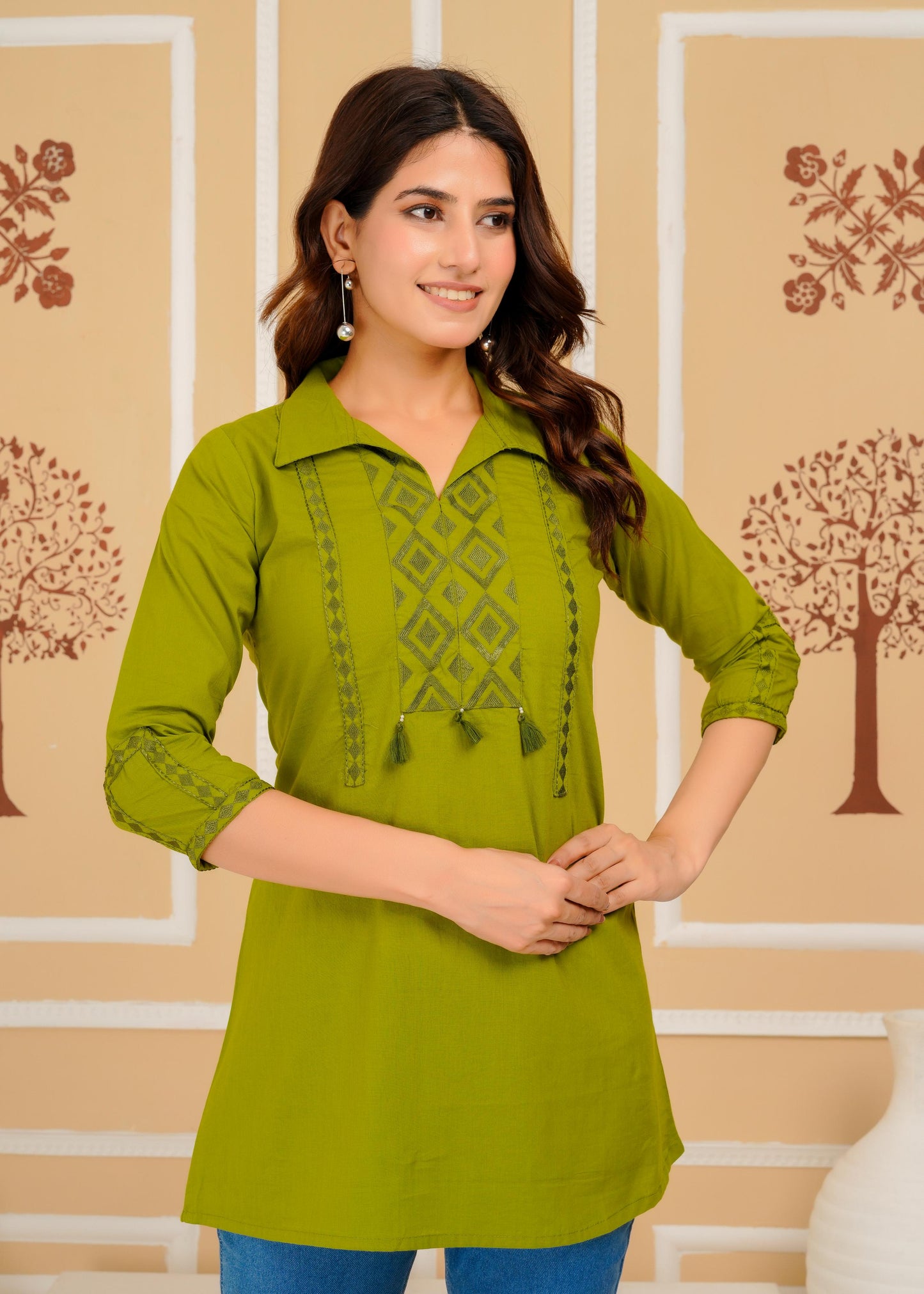 Cotton Embroidered Regular Green Top