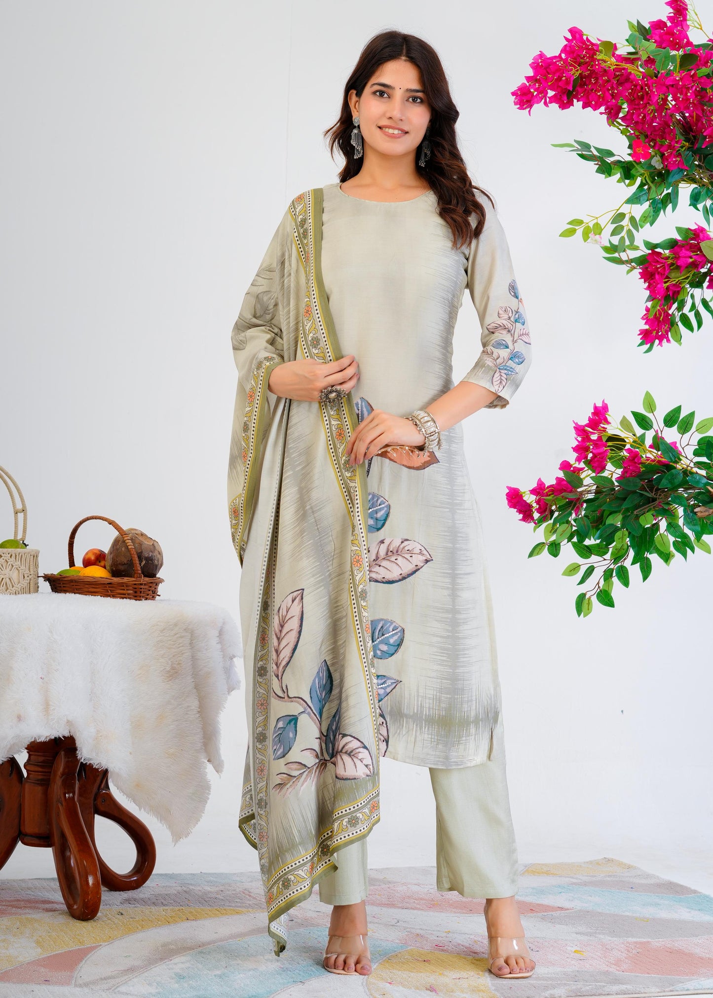 Cotton Floral Printed Straight Kurta Set With Dupatta