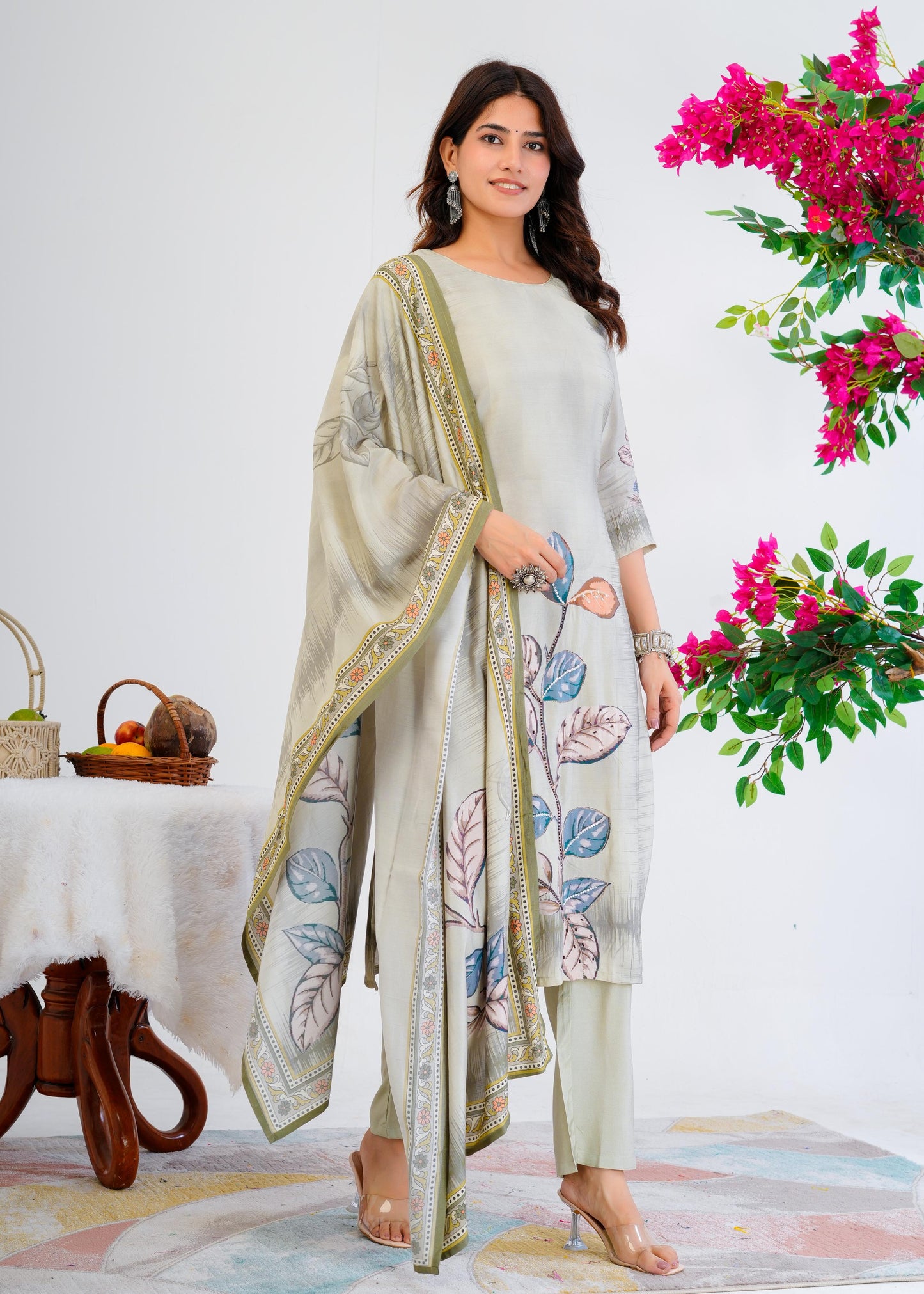Cotton Floral Printed Straight Kurta Set With Dupatta