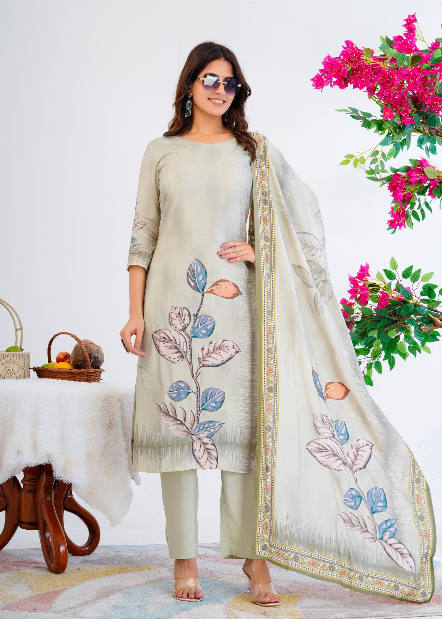 Cotton Floral Printed Straight Kurta Set With Dupatta