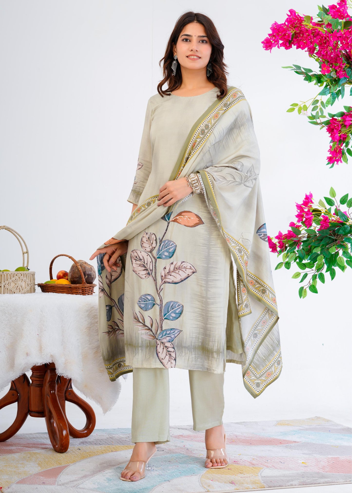 Cotton Floral Printed Straight Kurta Set With Dupatta