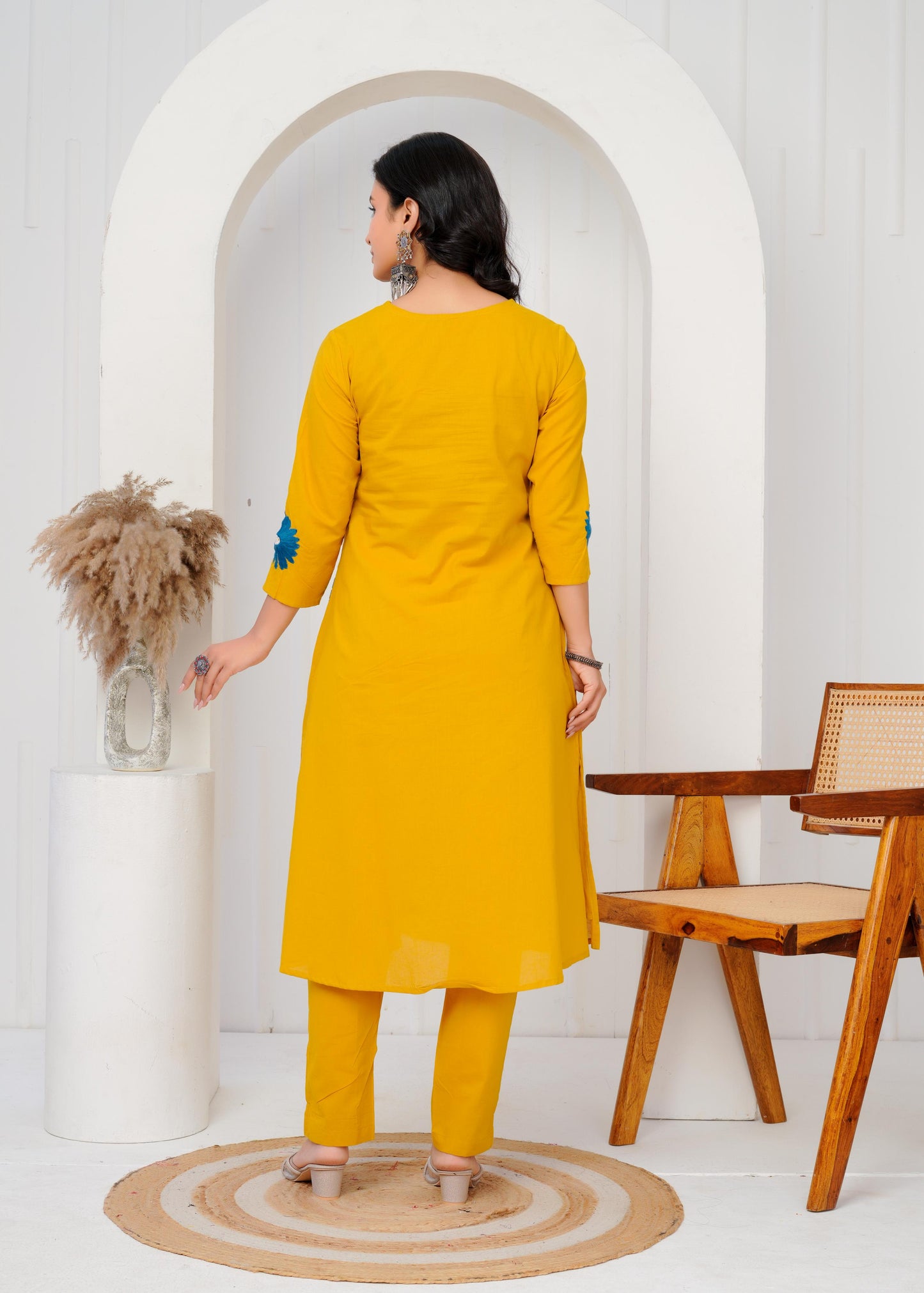 Cotton Embroidered Straight Yellow Kurta Set With Dupatta