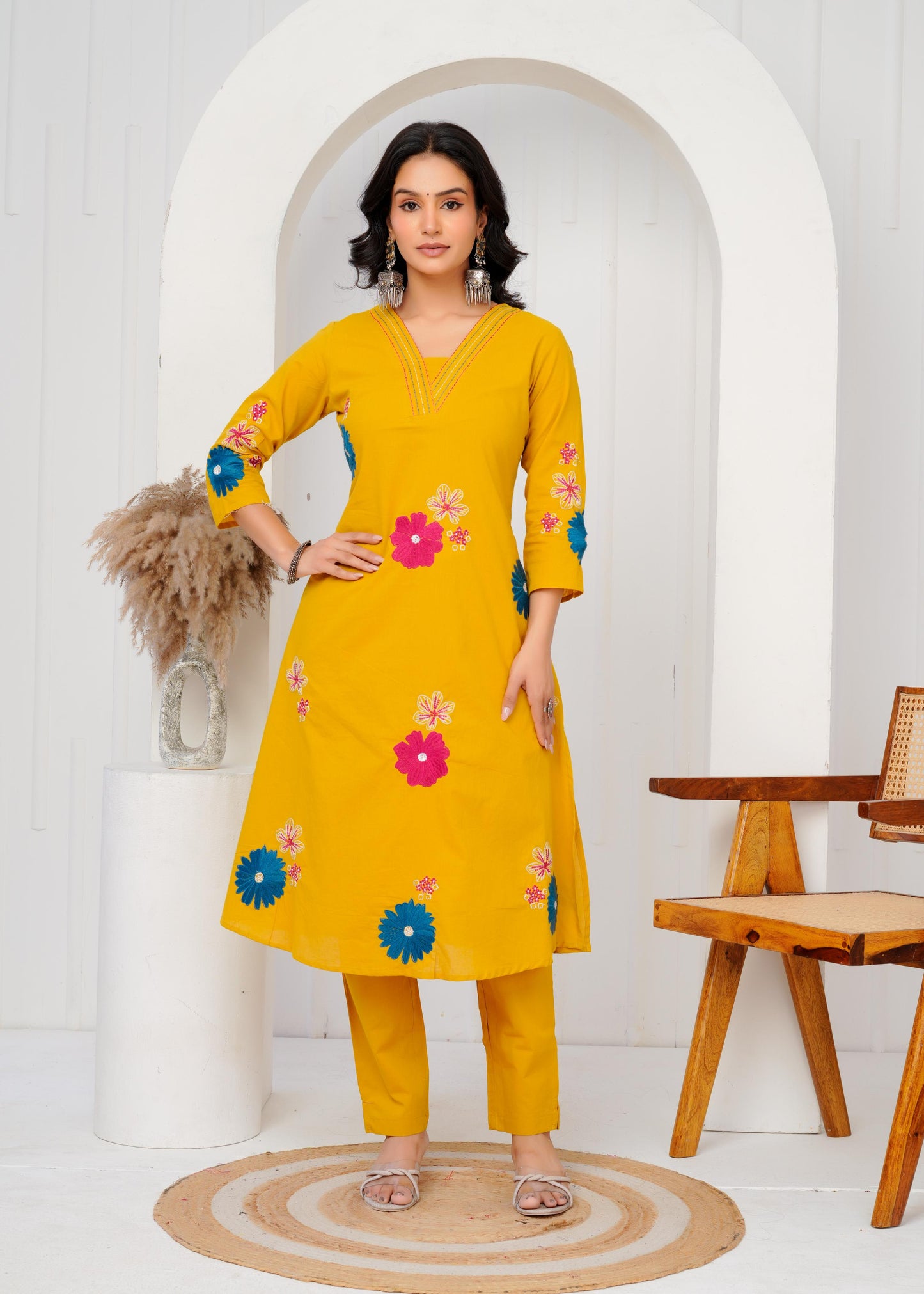 Cotton Embroidered Straight Yellow Kurta Set With Dupatta
