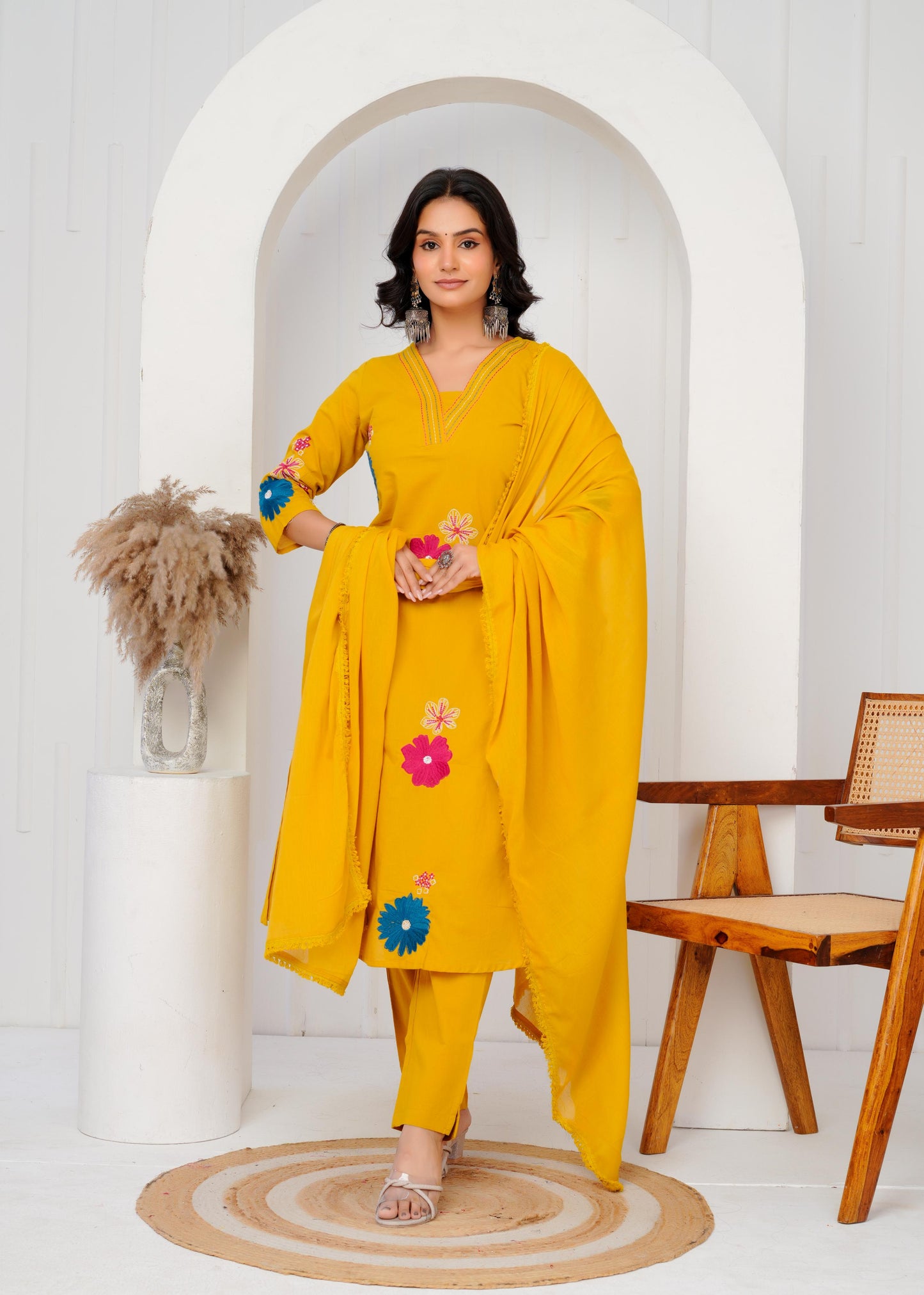 Cotton Embroidered Straight Yellow Kurta Set With Dupatta