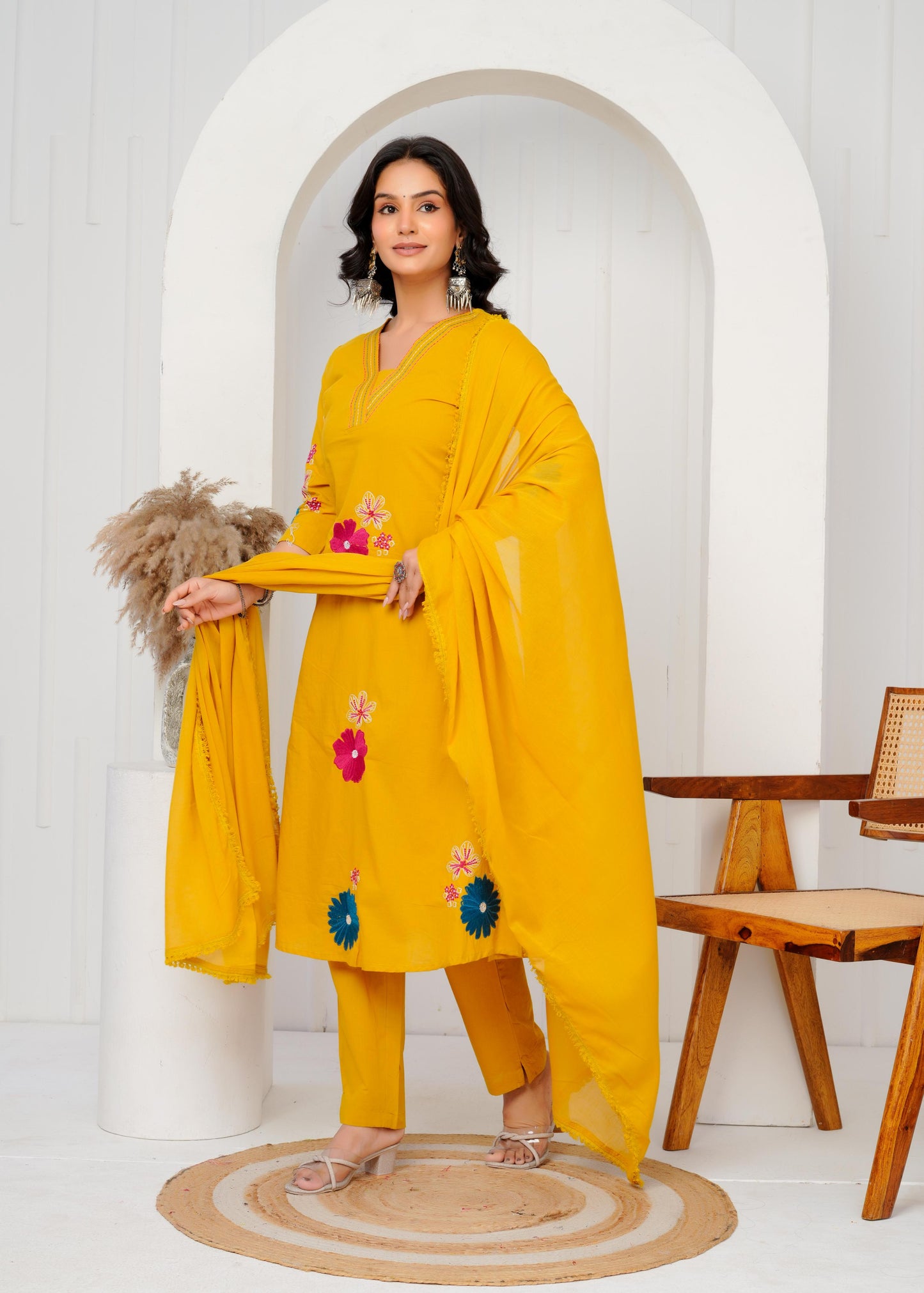 Cotton Embroidered Straight Yellow Kurta Set With Dupatta