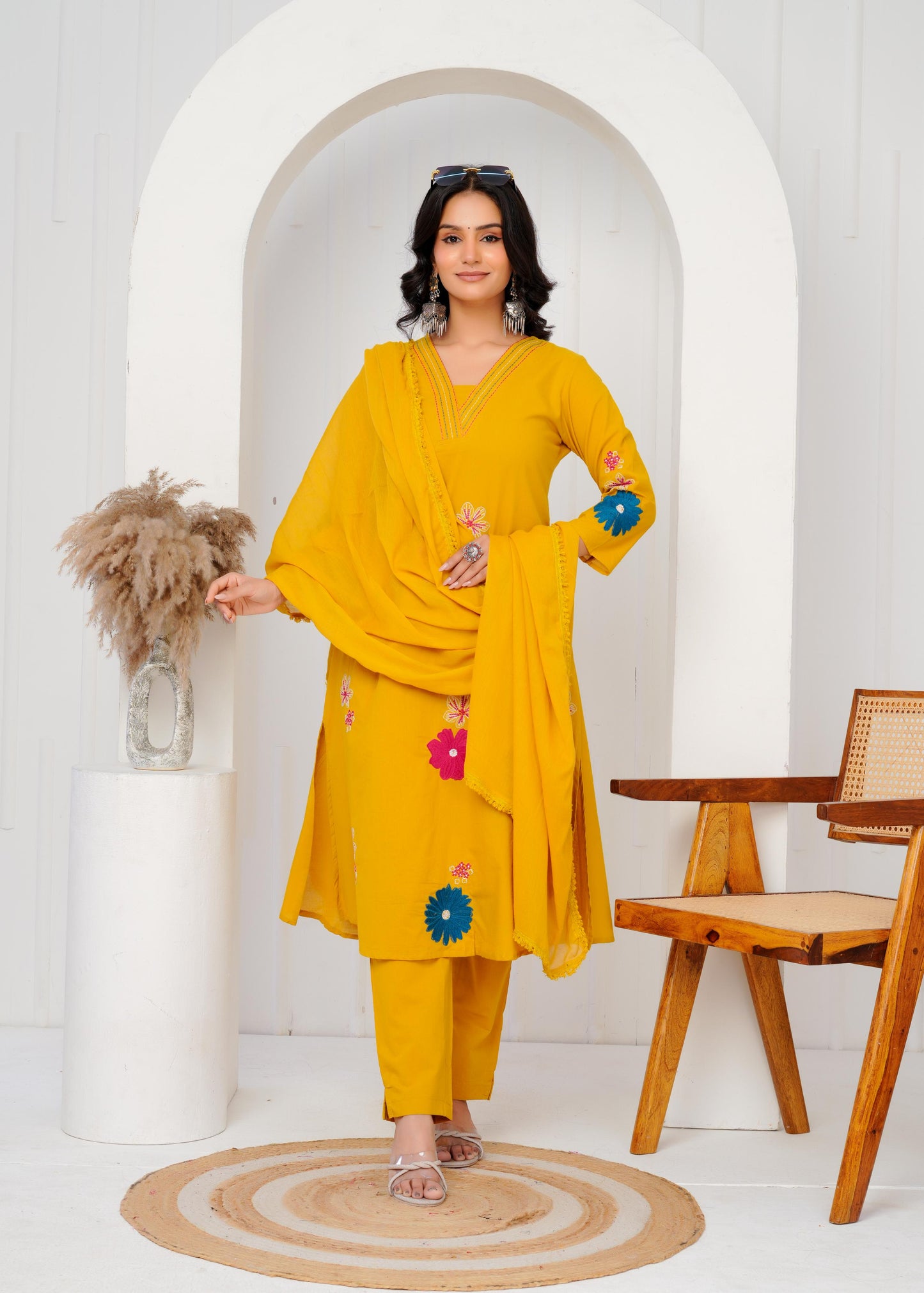 Cotton Embroidered Straight Yellow Kurta Set With Dupatta