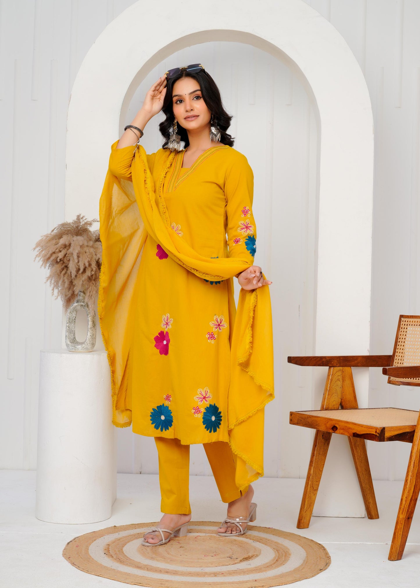 Cotton Embroidered Straight Yellow Kurta Set With Dupatta