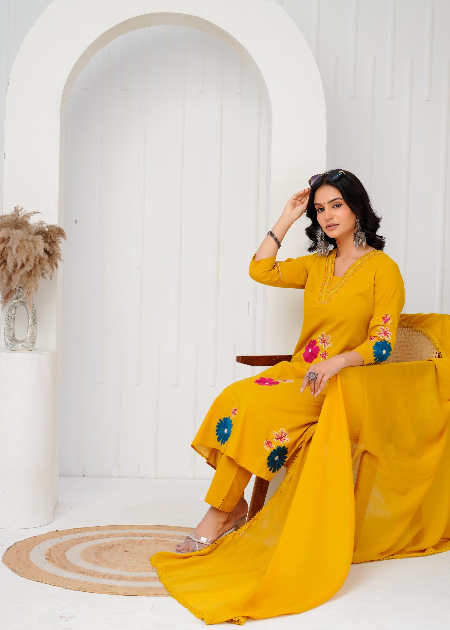 Cotton Embroidered Straight Yellow Kurta Set With Dupatta