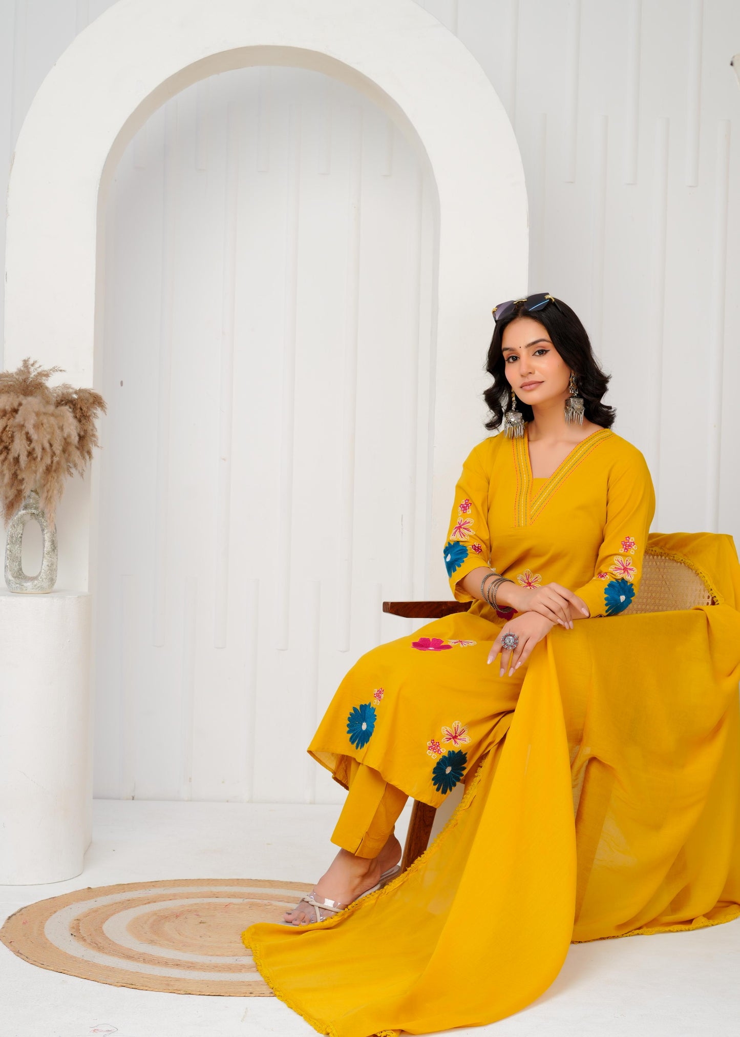 Cotton Embroidered Straight Yellow Kurta Set With Dupatta