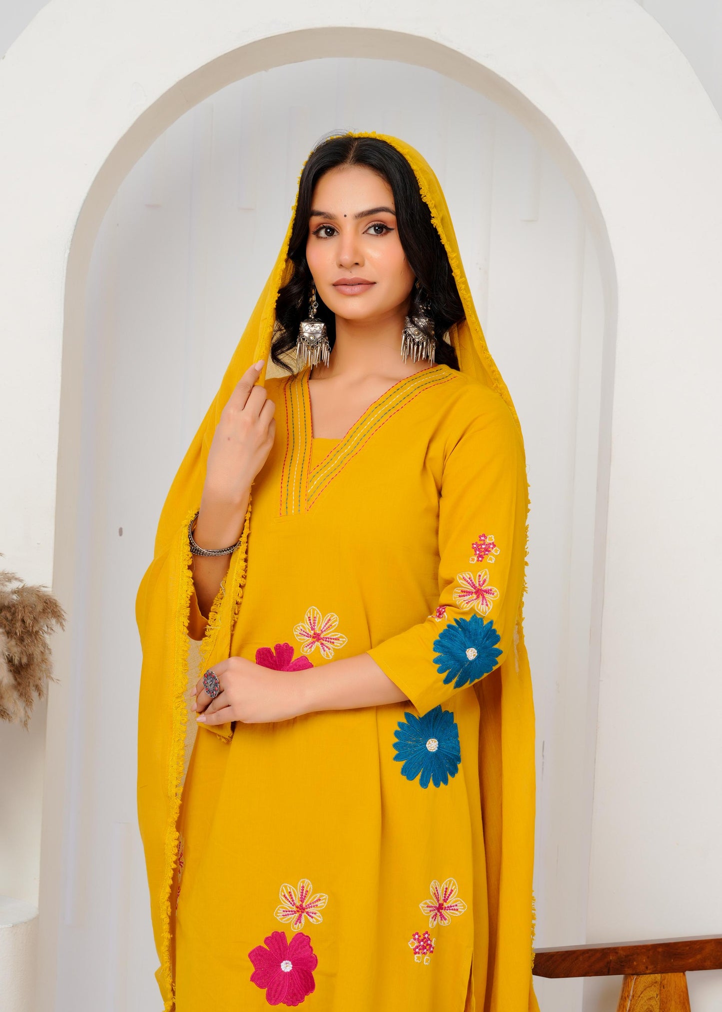 Cotton Embroidered Straight Yellow Kurta Set With Dupatta