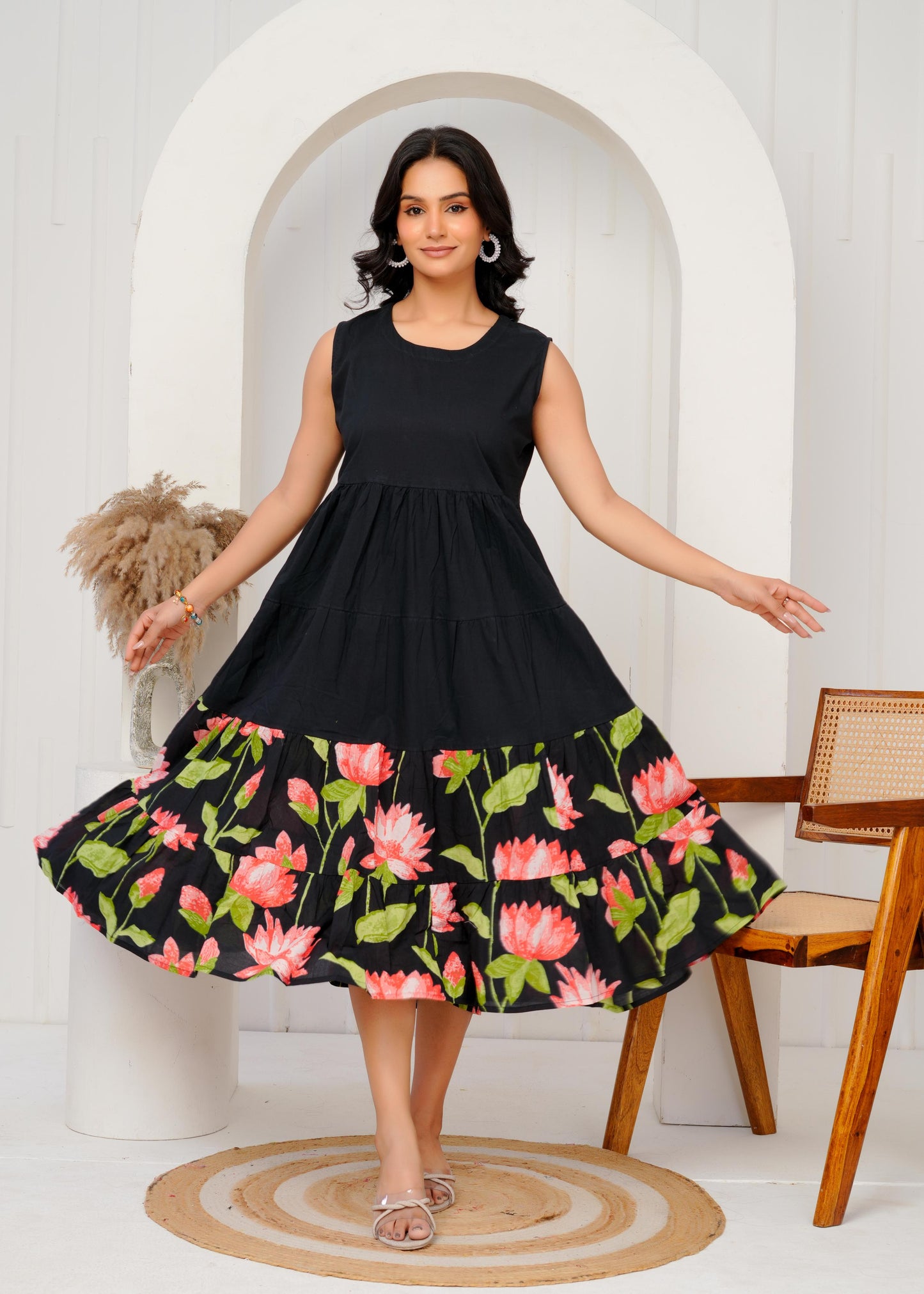Floral Printed Regular Sleeves Cotton Black Dresses With Jacket