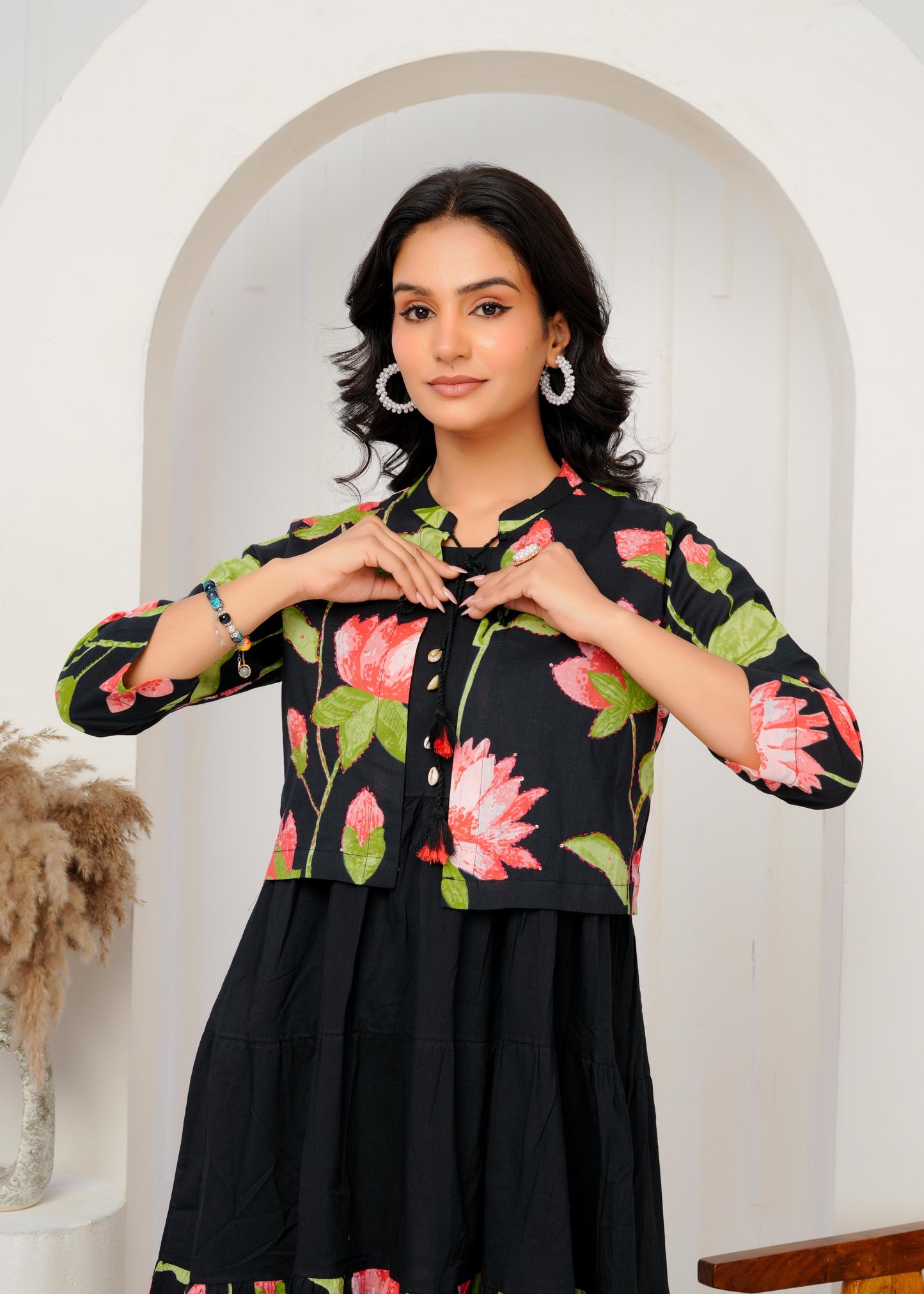 Floral Printed Regular Sleeves Cotton Black Dresses With Jacket