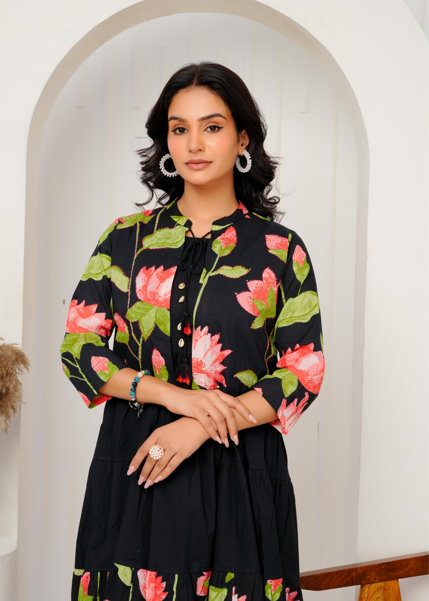 Floral Printed Regular Sleeves Cotton Black Dresses With Jacket