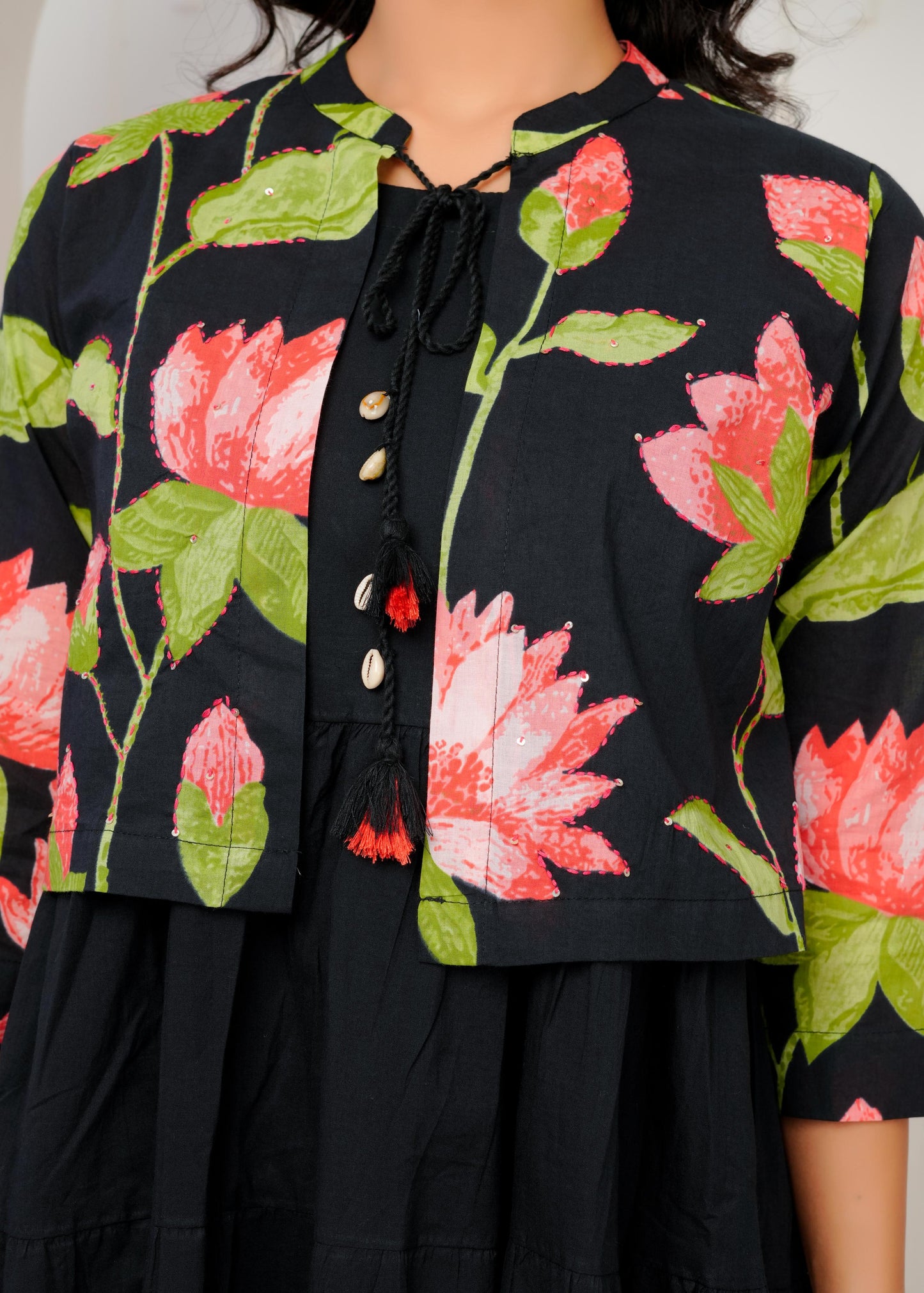 Floral Printed Regular Sleeves Cotton Black Dresses With Jacket