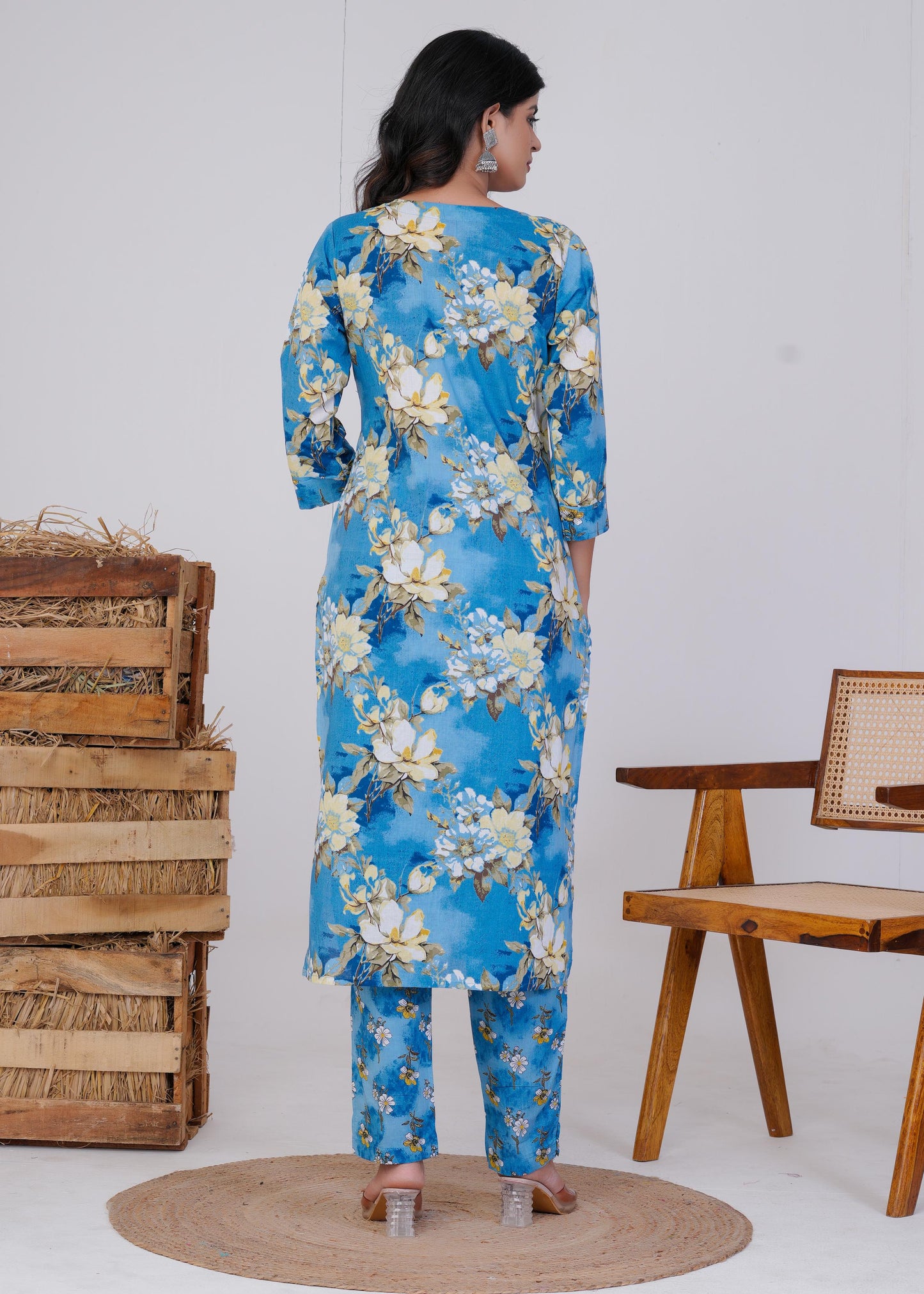 Cotton Printed Straight Blue Kurta Set With Dupatta