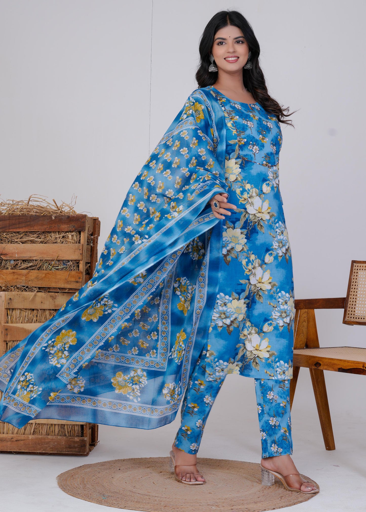 Cotton Printed Straight Blue Kurta Set With Dupatta